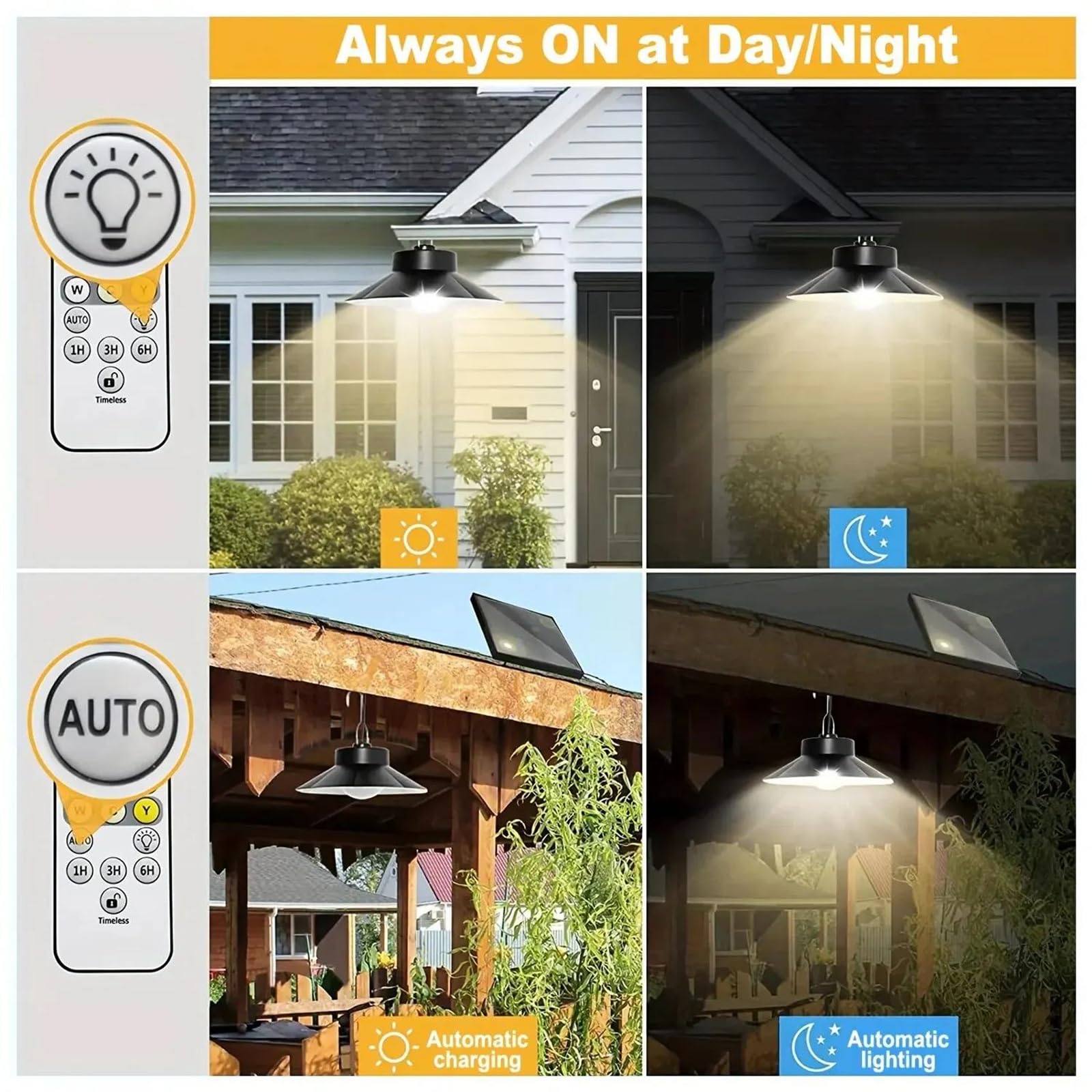 Solarne lampy wiszące na zewnątrz wewnątrz, szopa z czujnikiem ruchu, z pilotem 3 kolory oświetlenia, wodoodporna lampa bezpieczeństwa IP65 do patio garażowego