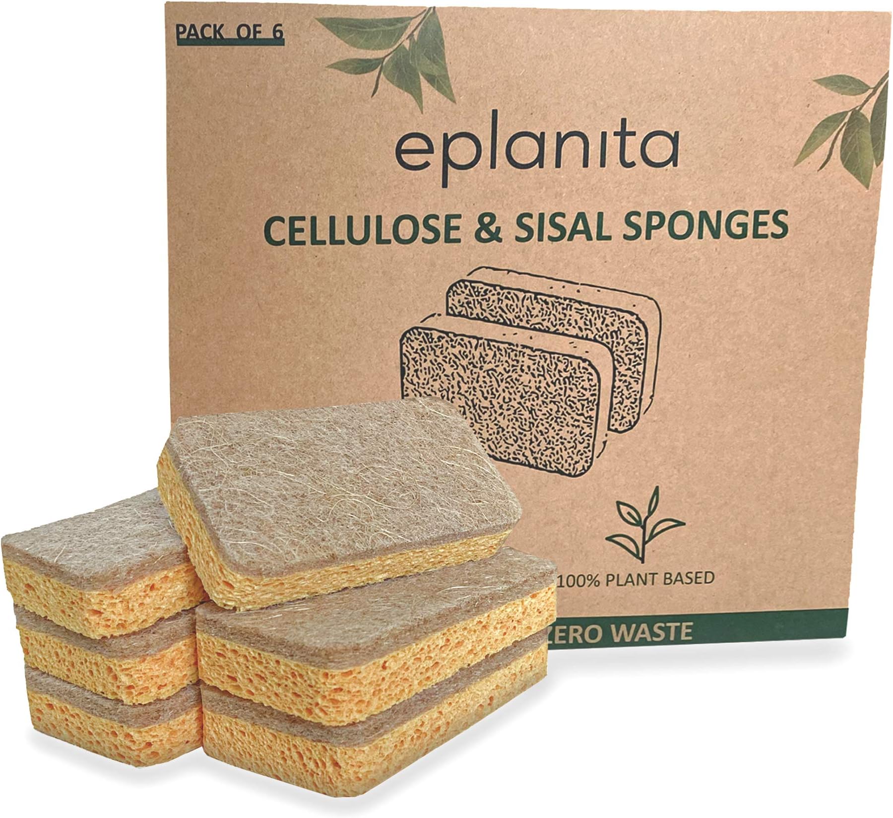 Natural Plant Based Scrub Sponges (6 Pack), Non-Scratch, Biodegradable Eco Scourers for Kitchen and Bathroom