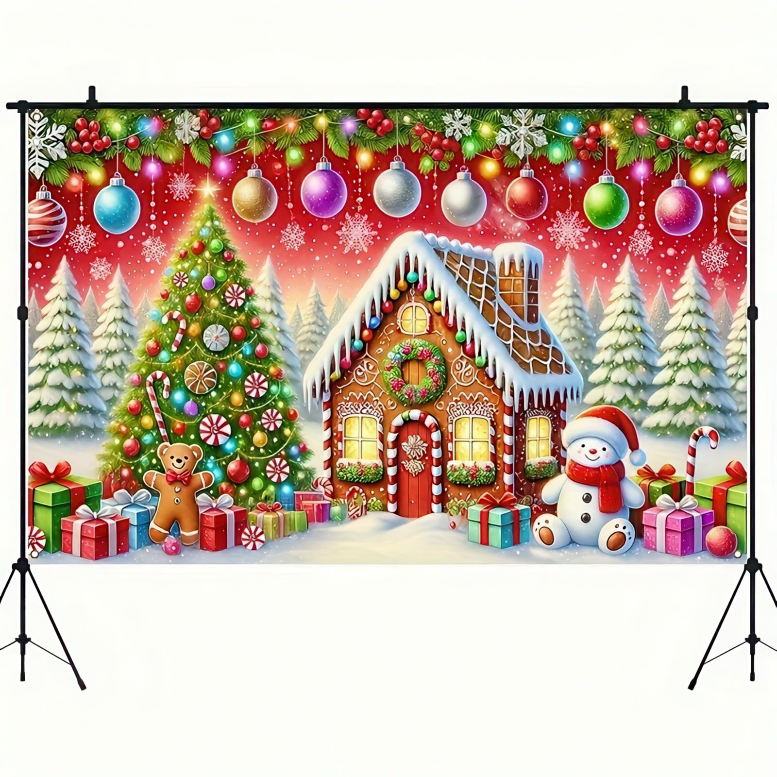 Blissyard Merry Christmas Banner with Gingerbread House Snowman and Christmas Tree 71 x 43 Inch gingerbread christmas decorations Polyester Backdrop for Holiday Decorations, Indoor and Outdoor Use