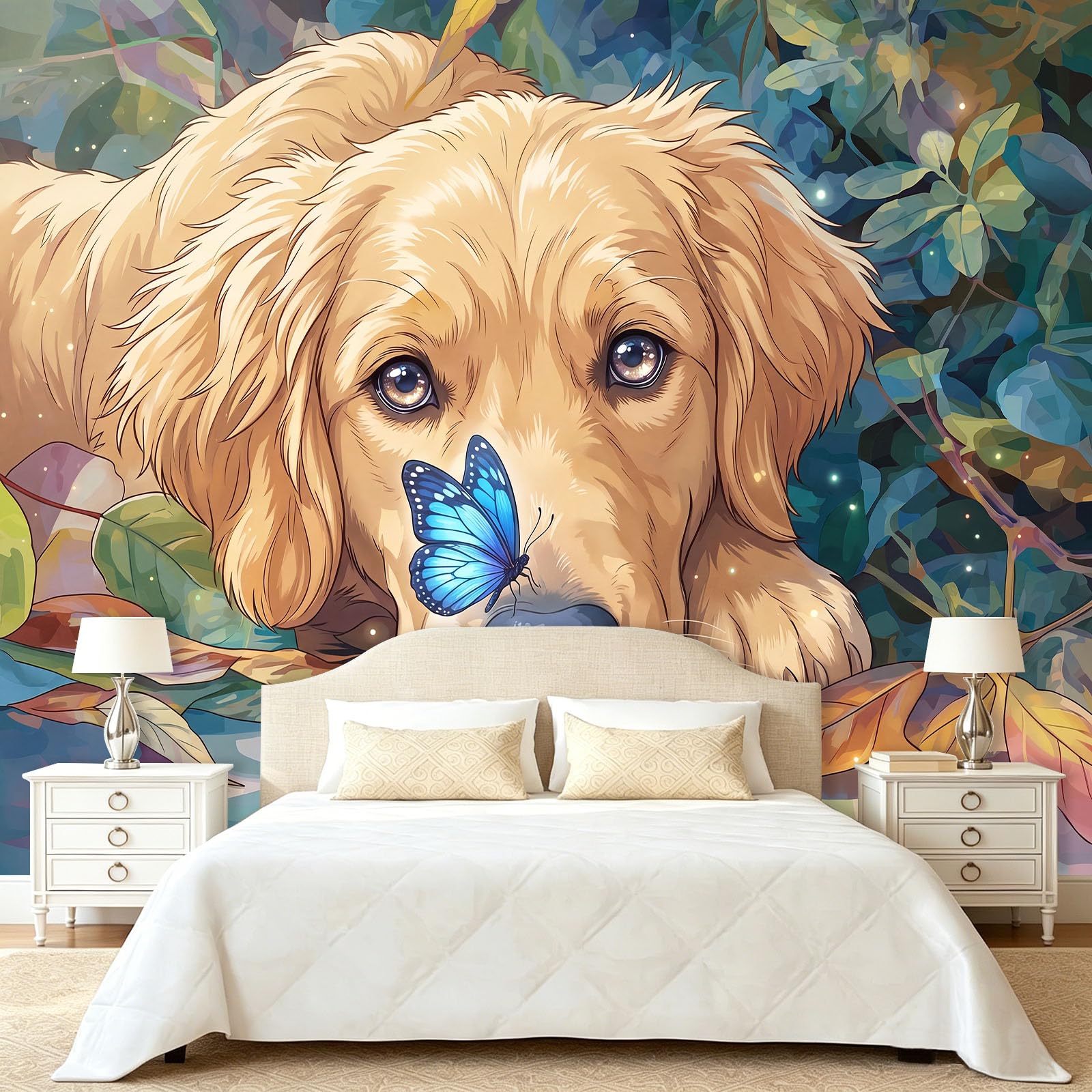 Fototapeta ścienna z włókniny 3D, Golden Retriever, motyl opadłe liście, niestandardowa, panoramiczna dekoracja ścienna, akwarela, przytulny design, do salonu, kuchni, sypialni, 200 x 140 cm (szer. x