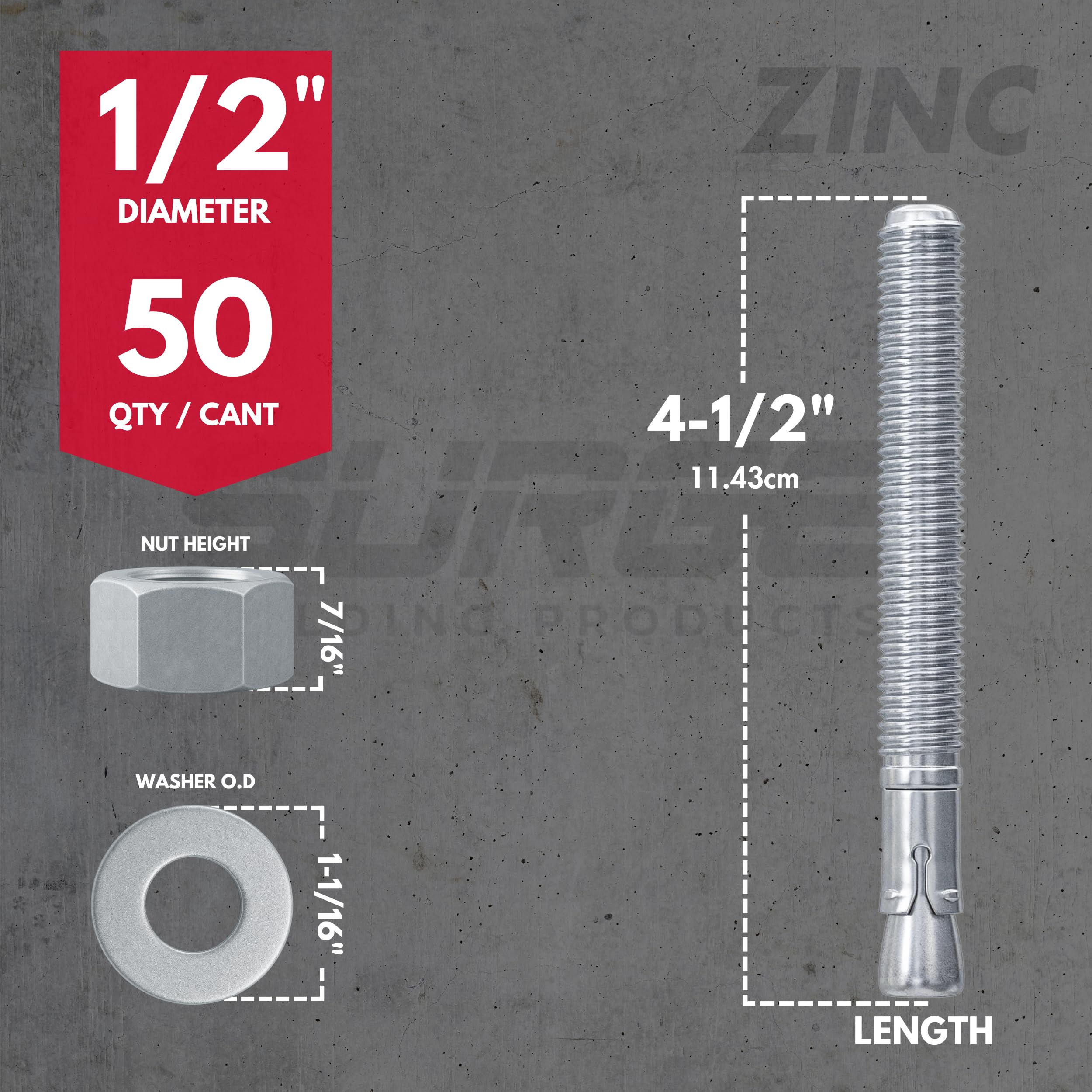 Zinc Wedge Anchors - 50 Pack for Concrete -2