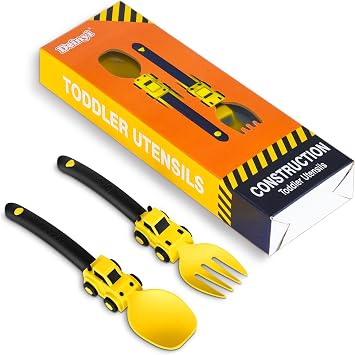 Deinyi Construction Toddler Utensils Fork and Spoon Set, Construction Baby Self Feeding Utensils with Easy Grip Silicone Handles, Birthday for 1 2 3 4 5 year old, Yellow