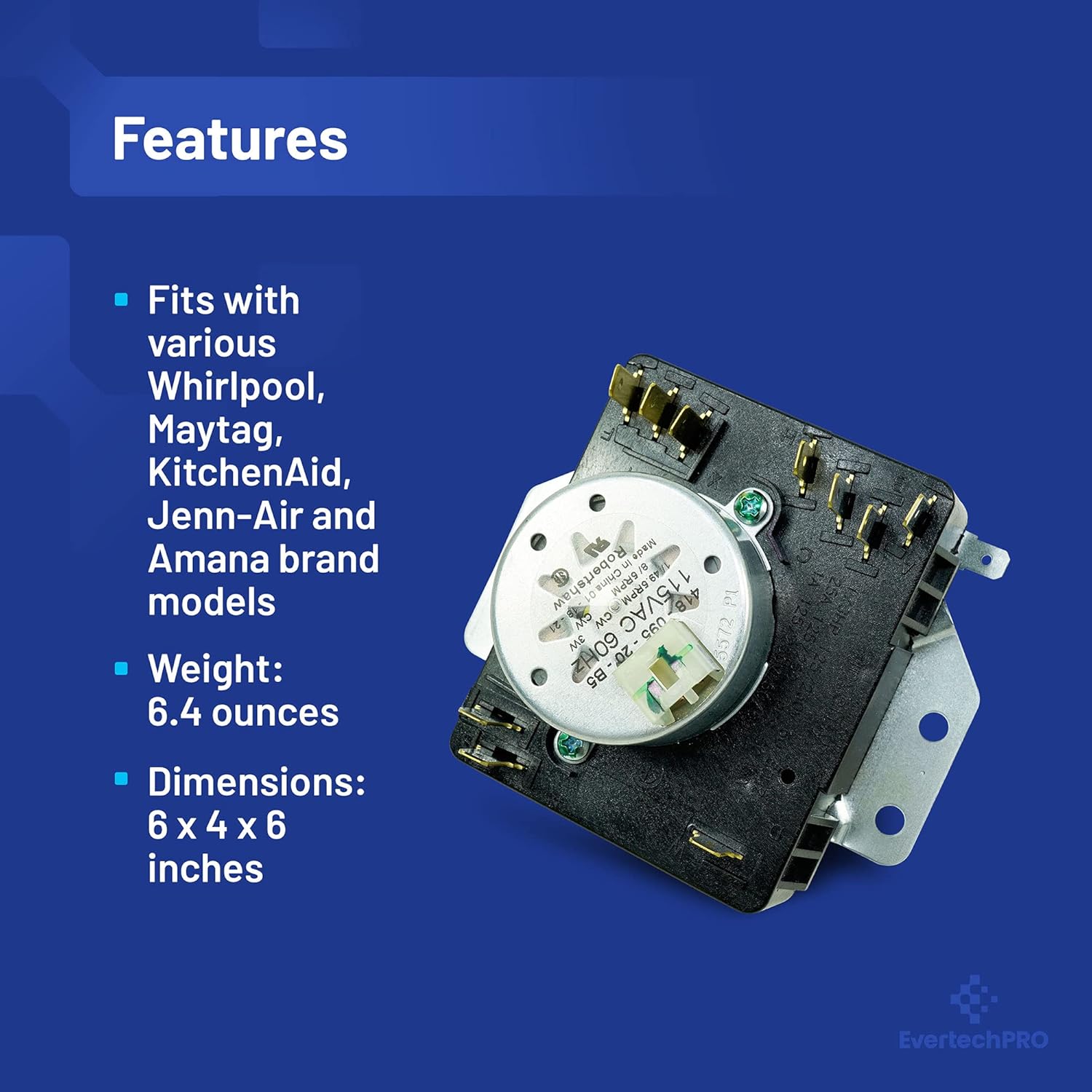 EvertechPRO W10185981 Timer OEM for Whirlpool Dryer WPW10185981 Made in Mexico