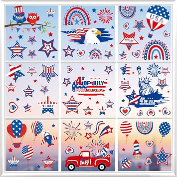 101Pcs 9 Sheets 4th of July Window Clings, Memorial Day Decorations Stickers, Red White and Blue Decorations, Patriotic Independence Day Holiday Decor for Inside Outside 8x12inch
