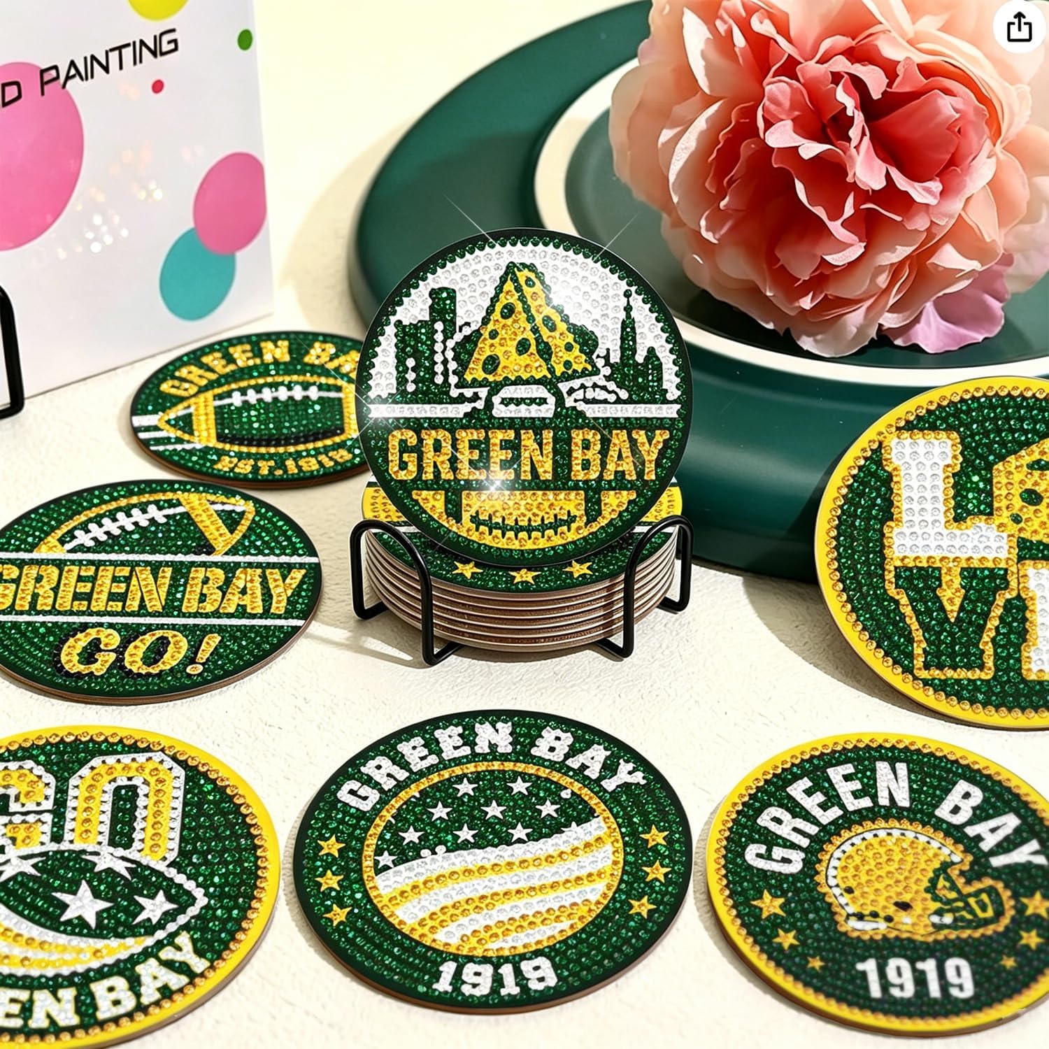 8PCS Diamond Painting Coasters Kits with Holder, 5D DIY Football Design Diamond Coasters Art Sets for Green Bay Team Fans Home Decor and Gift, Acrylic