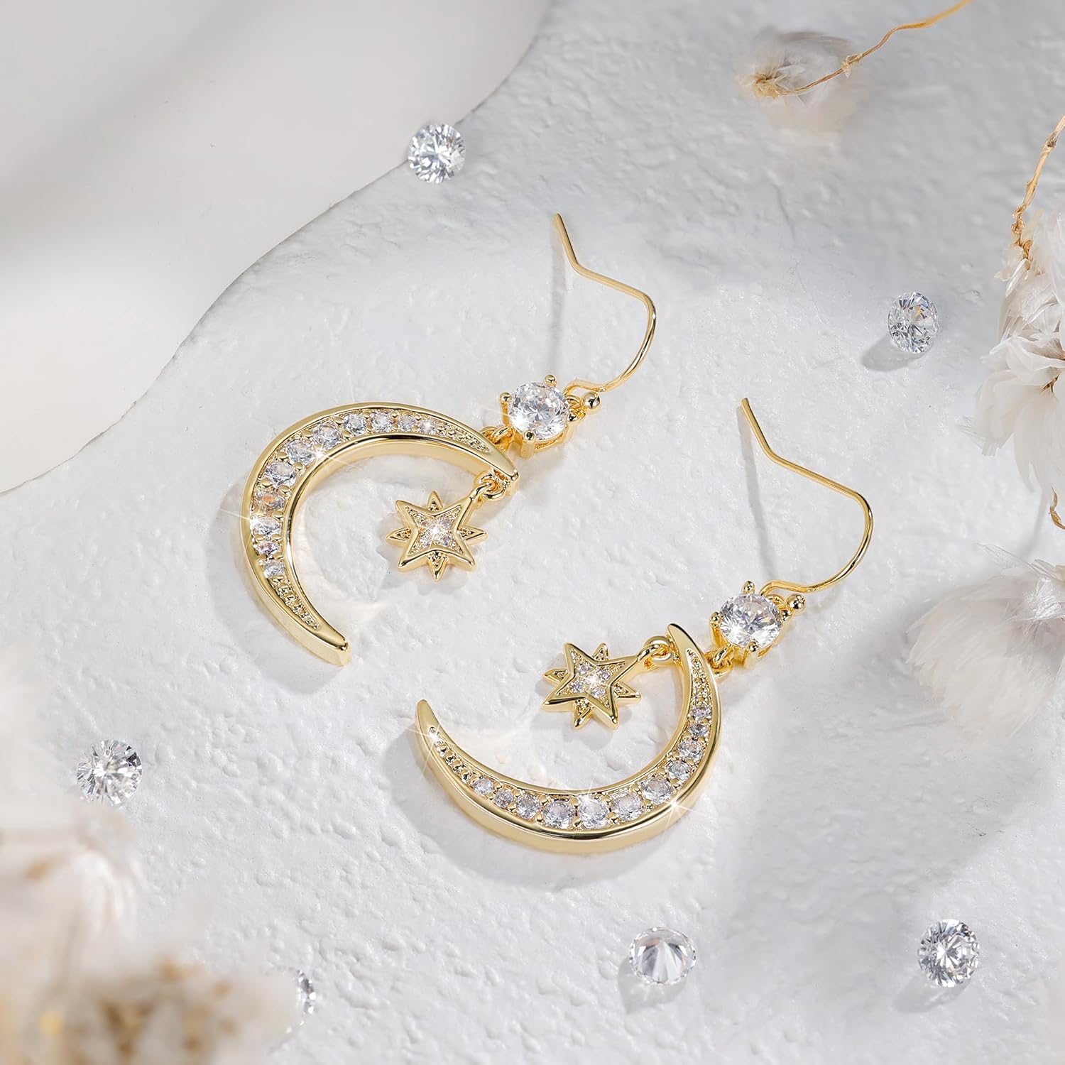 Moon and Star Pendant Drop Earring for Women, Dainty Trendy Gold Plated Cubic Zirconia Dangle Eearrings Jewelry Gift - Image 2