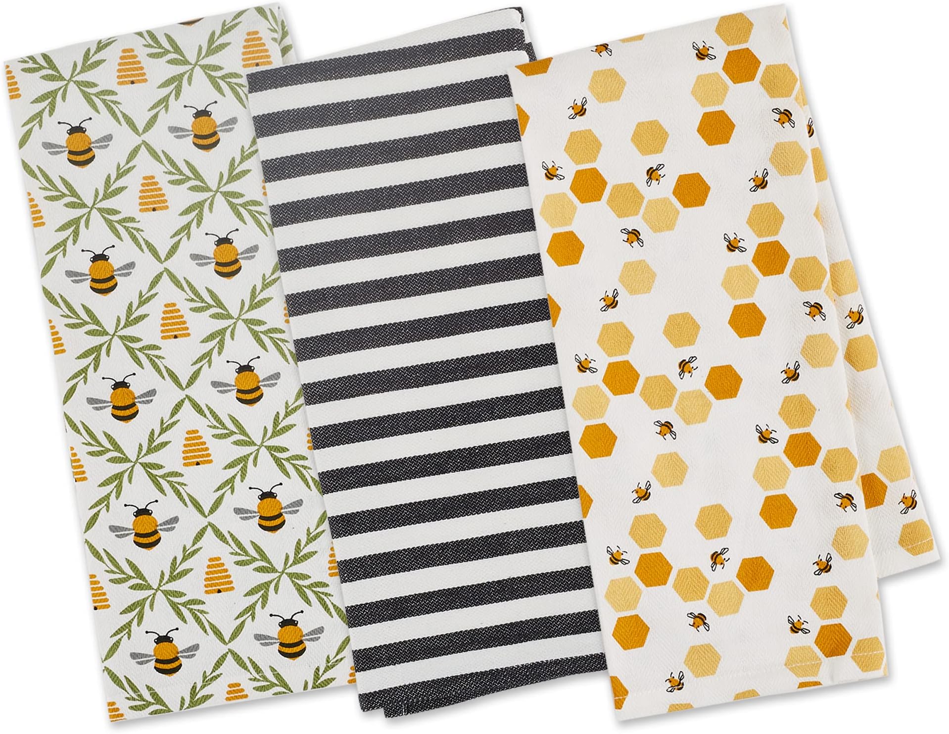 Design Imports DII Little Bees Bee Themed Dish Towels, Set of 3 Yellow Black White Green