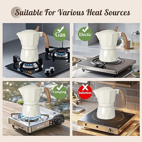 Miniatura 5 de Moka Pot - Cafetera italiana de aluminio con mango de tacto frío (blanco, 6 tazas)