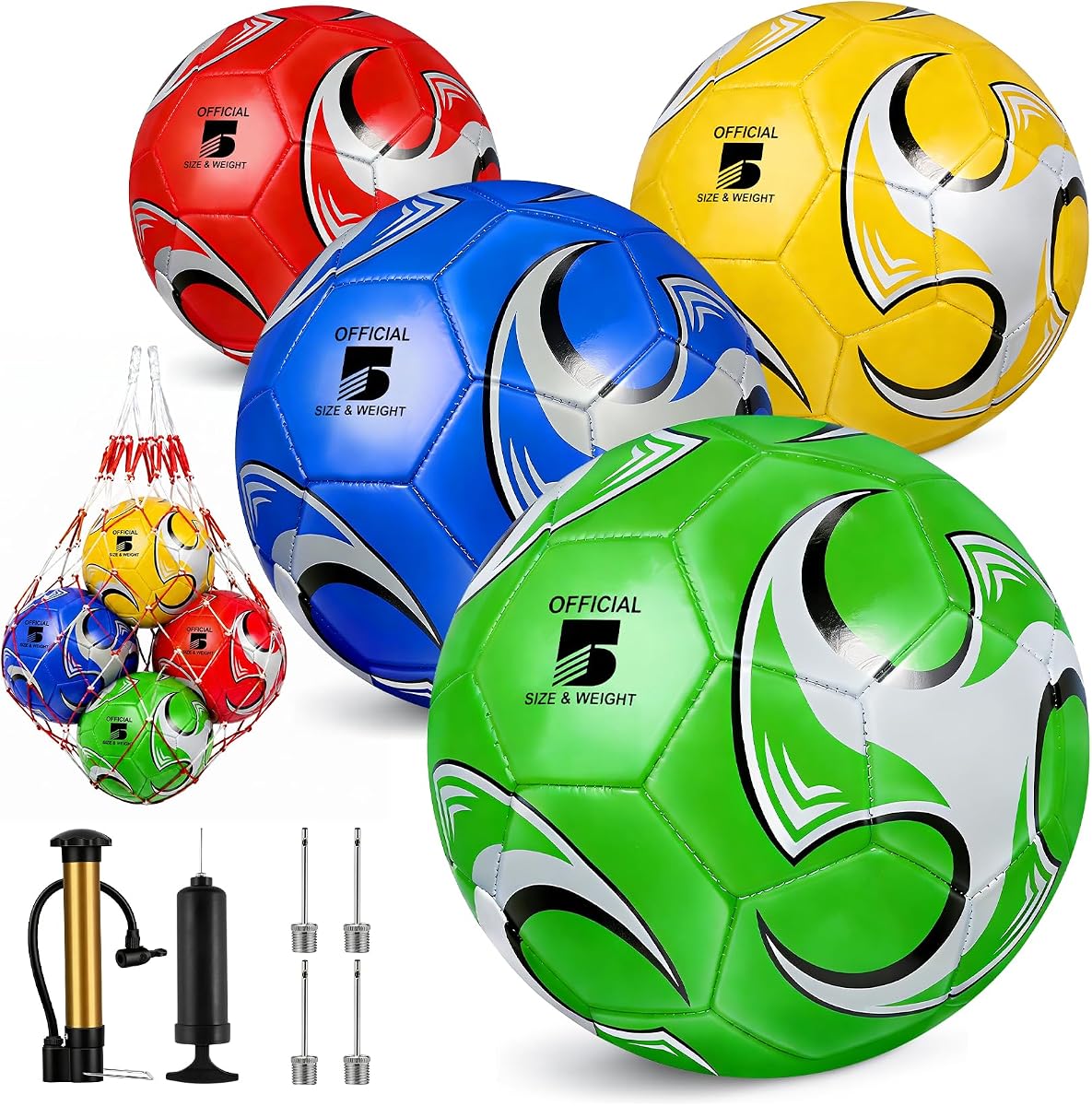 Paquete de 4 balones de fútbol tamaño 5/4/3 a granel con bomba, red de transporte, agujas - Pelota de fútbol tamaño oficial práctica de entrenamiento y balón de partido - Ideal regalo de cumpleaños y fútbol