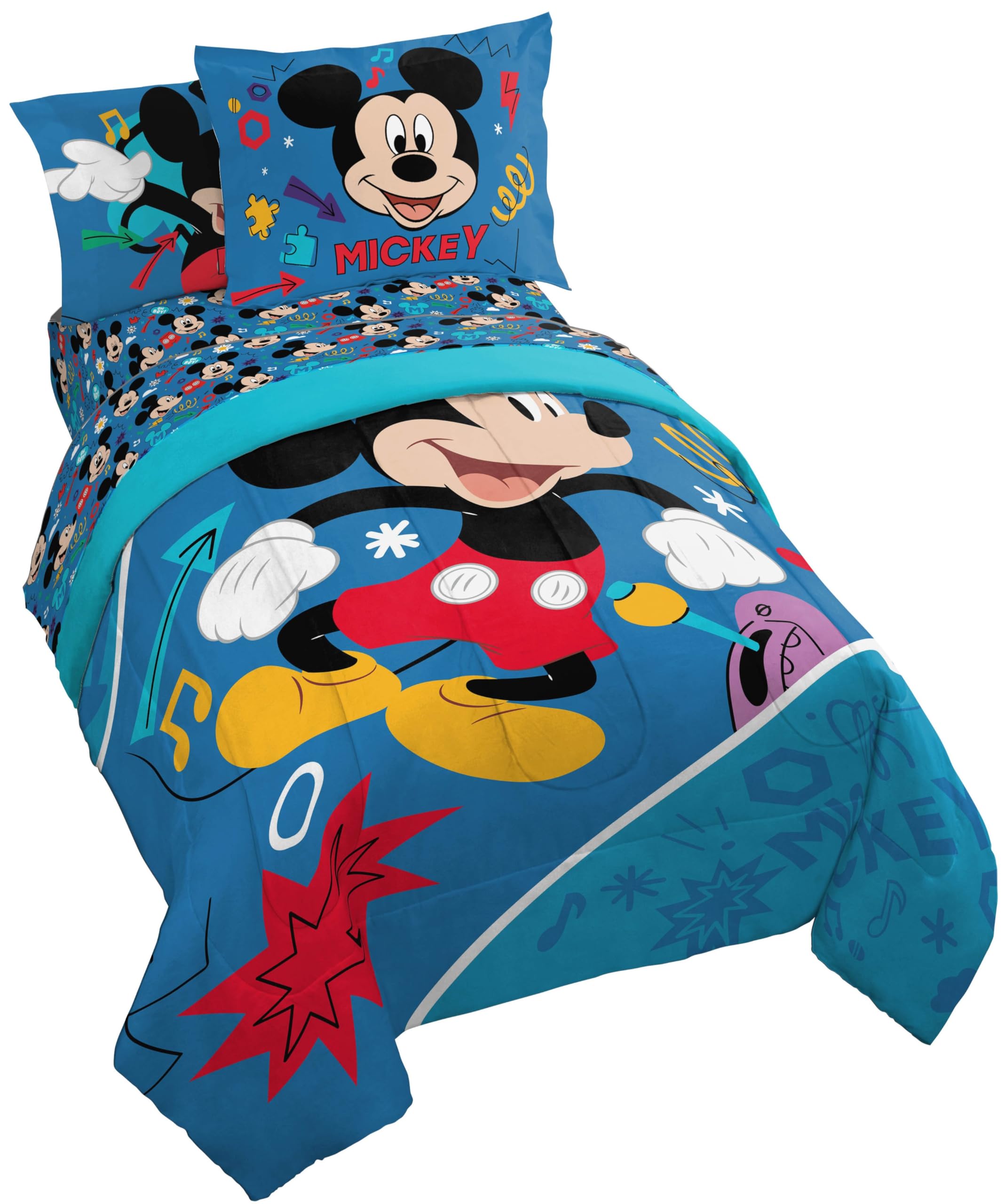 Jay Franco Kids Comforter Set Includes Sheets and Pillow Covers - Soft and Cozy Bed Set for Stylish Room Decor, Blue - Mickey Mouse, 5 Piece Twin Bedding
