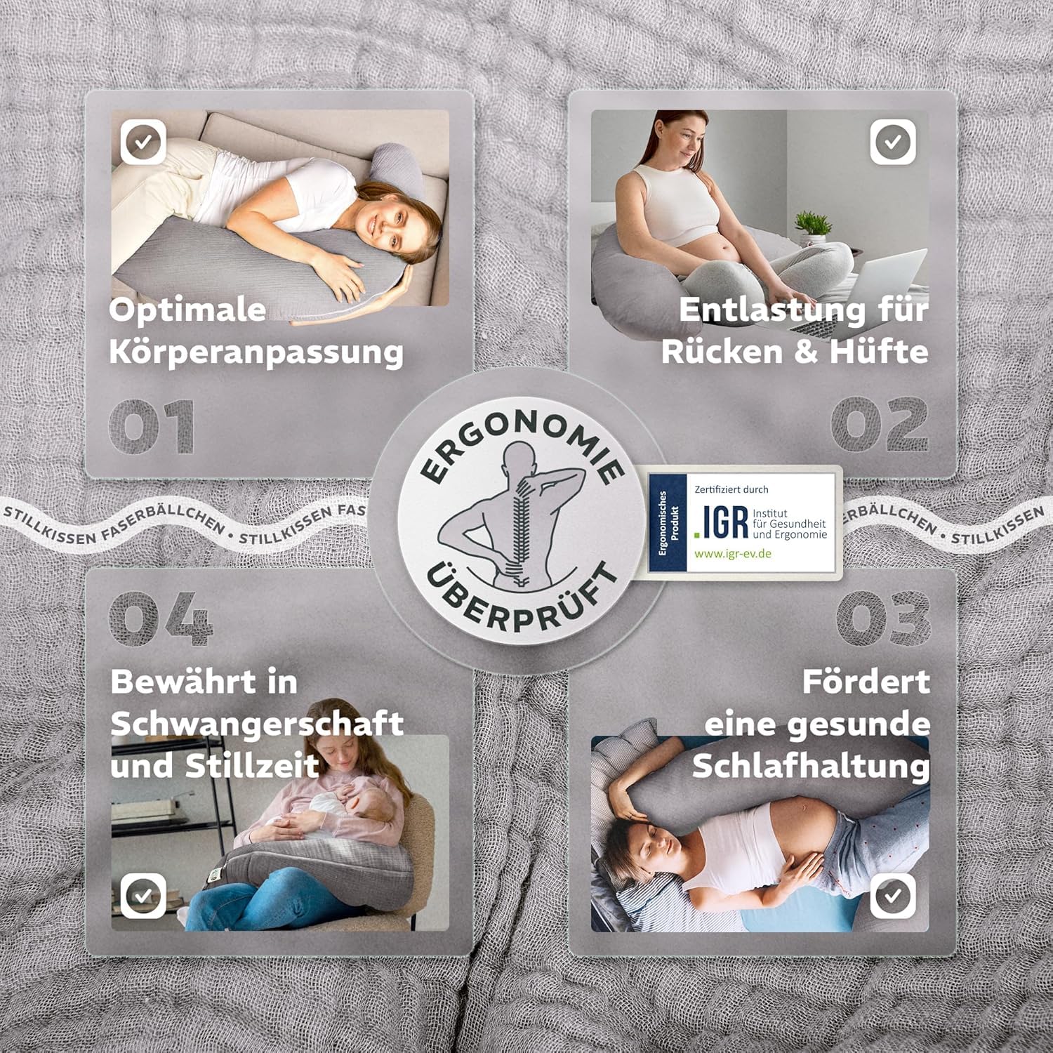 Sei Design XXL Stillkissen 190 cm x 35 cm Musselin-Bezug ergonomisch Schwangerschaftskissen Seitenschläferkissen Komfortkissen Bio-Baumwolle