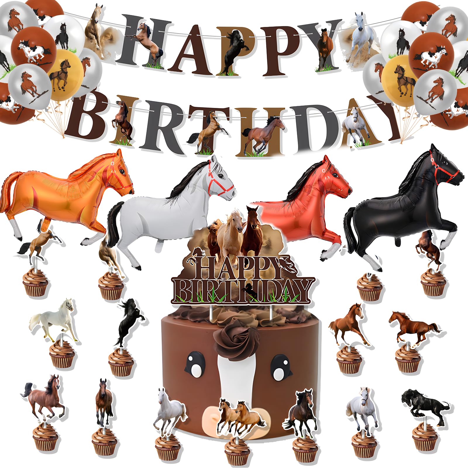 Snowtain 43 piezas de Decoracion Fiesta para Niños Caballos,Decoraciones de Cumpleaños de Caballos,Decoracion Globos de Caballos Adecuado para fiestas temáticas de caballos.