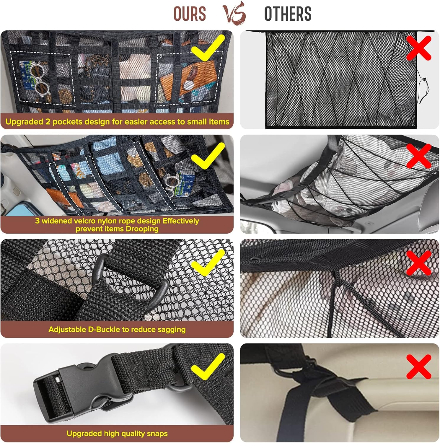 Car Ceiling Cargo Net Pocket Storage Net,29.5"x19.7" Adjustable D-Buckle to Reduce Sagging Roof Storage Organizer,Double-Layer Mesh SUV for SUVs,Road Trips,Car Camping Essentials
