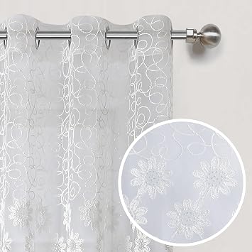 Zahari Home Avon Embroidery Polyester Top Grommet Sheer Window Curtain Drapes for Living Room Bedroom Decor, 54"x84", Single Panel, White