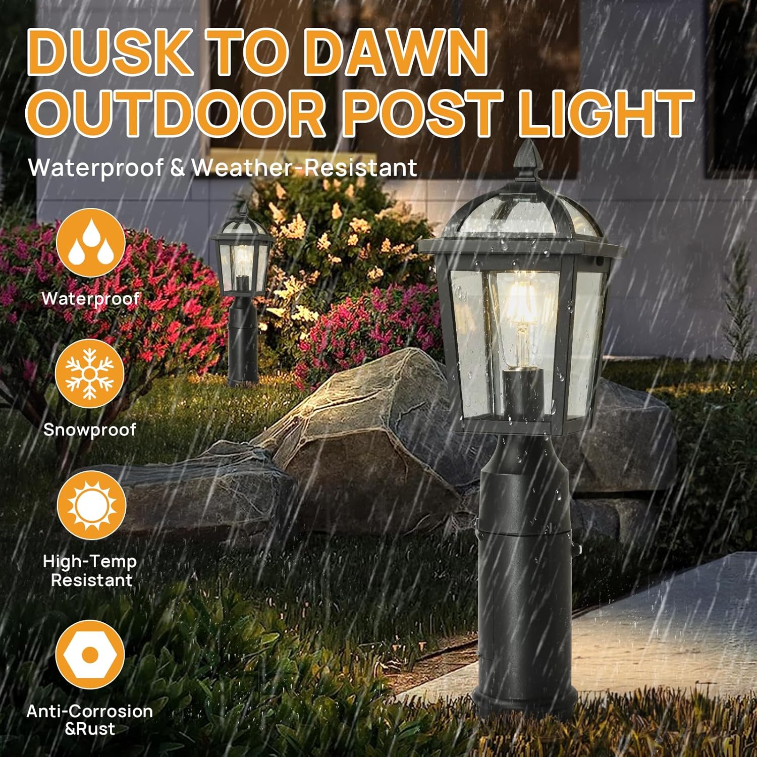 Dusk to Dawn Outdoor Post Light with GFCI Outlet, Waterproof Aluminum Pole Lamp Post Lighting Fixture, Hardwired Exterior Post Lantern for Yard, Garden, Patio & Pathway