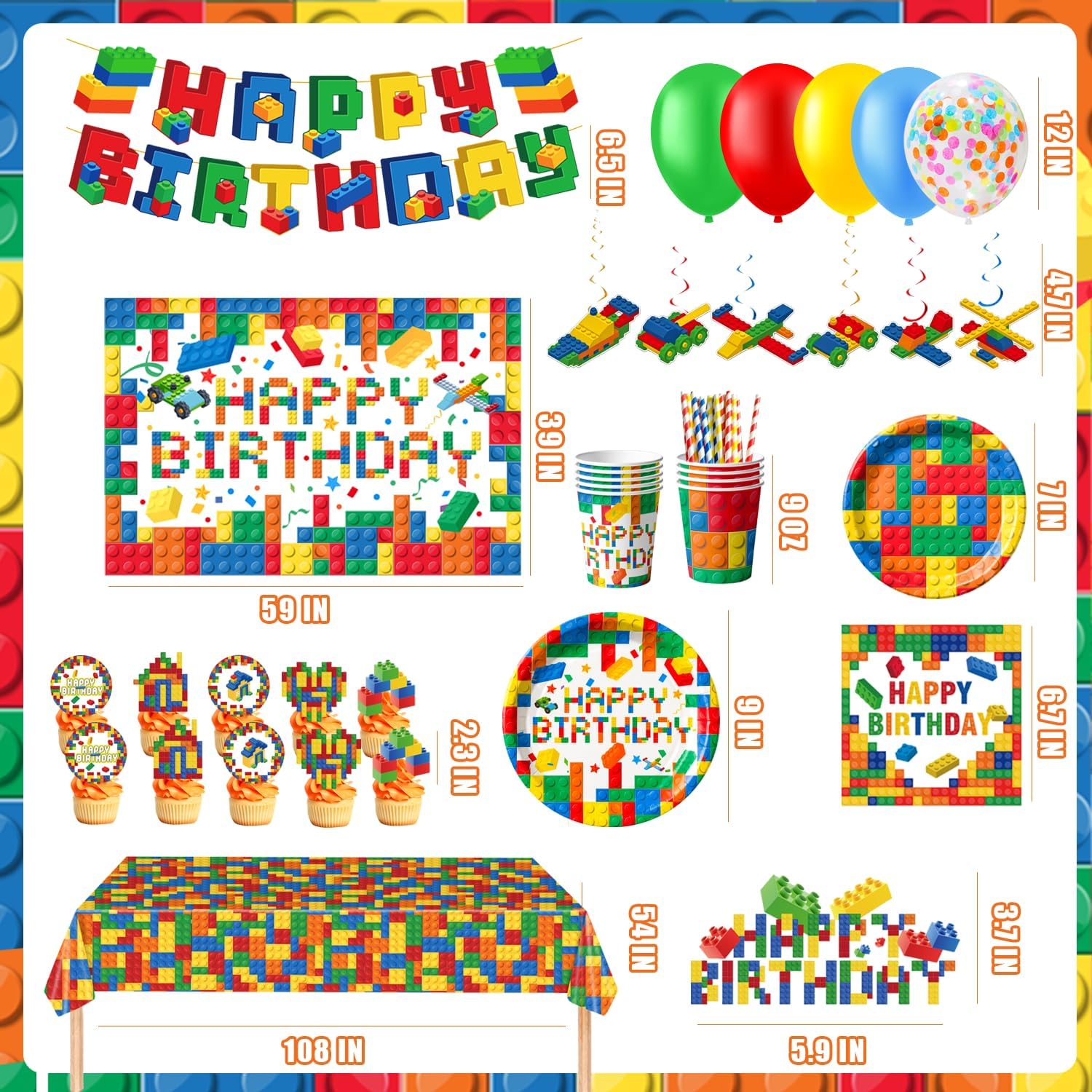 197 PCS Building Block Birthday Party Decorations,Plates Napkins Cups Cutlery Tablecloth Banner Backdrop Balloons Hanging Swirls Cupcake Toppers for Building Blocks Party Supplies,Serve 20 Guests