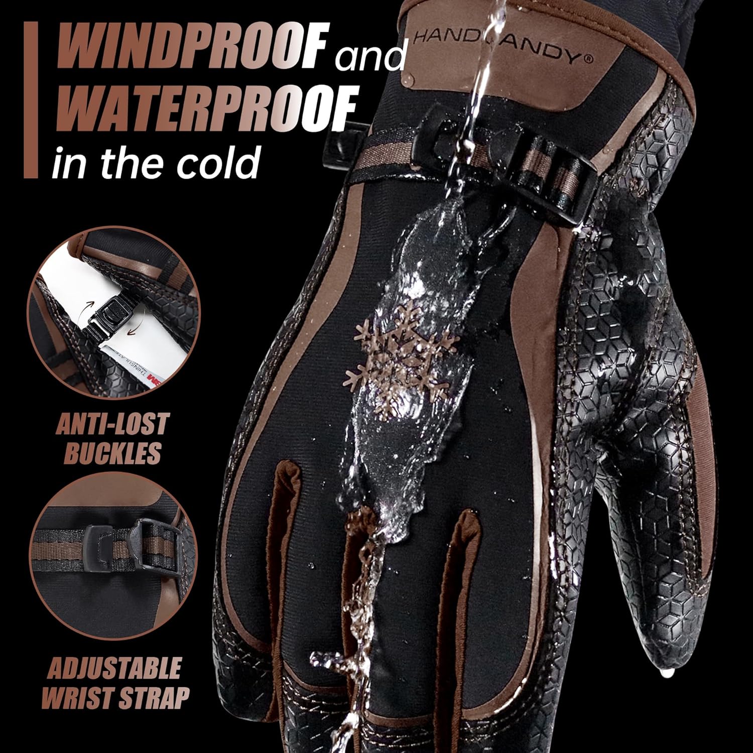 HANDLANDY Waterproof Insulated Work Gloves, 3M Thinsulate Thermal Winter Gloves for Men Women Touch Screen, Warm Ski Snowboard Cold Weather Gloves (Black, Large)(Black-Brown PU, X-Large)
