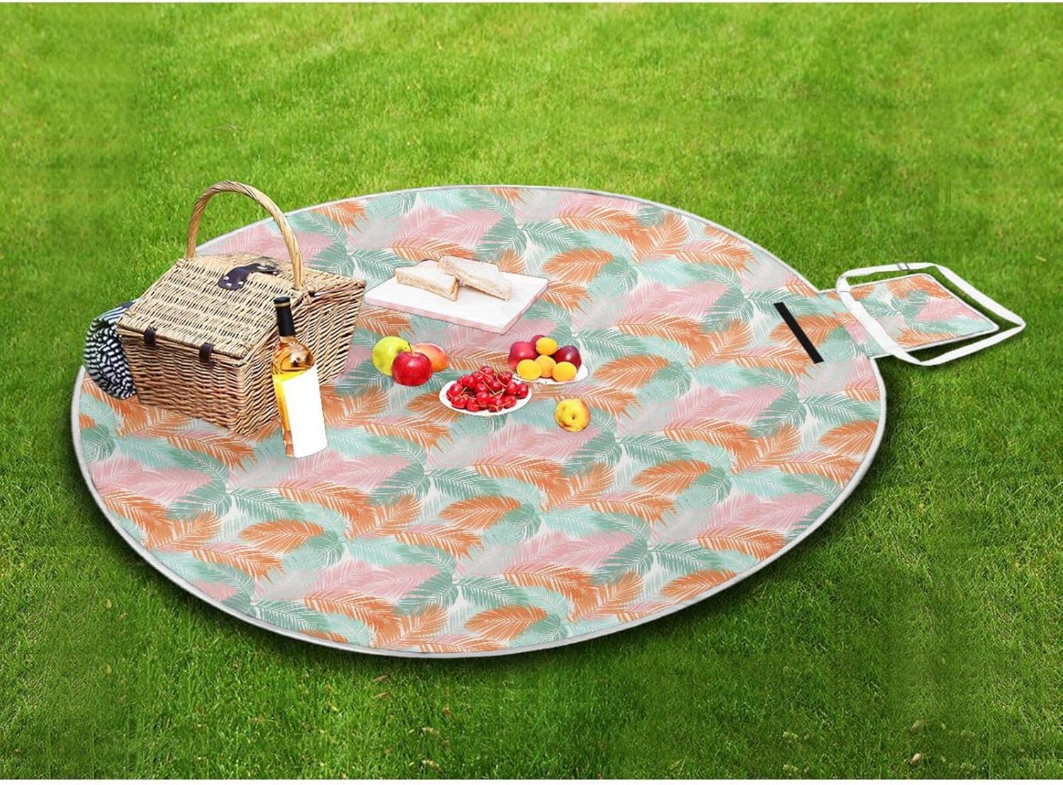 Round Outdoor Picnic Blanket - Fits 2 Adults, Summer Accessories Large Sand Resistant Beach Blanket for Spring Summer Camping 58 in (Disco Style Summer Palm Tree Leaves)