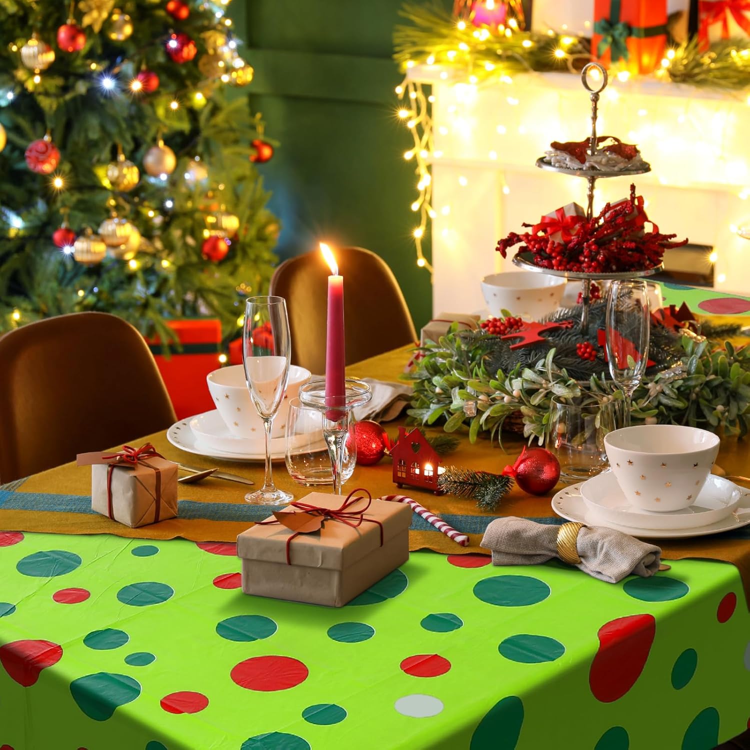Peryiter 12 Pack Red and Green Plastic Disposable Tablecloth 108'' x 54'' Christmas Polka Dot Photo Backdrop Christmas Rectangle Table Covers for Home Wall Table Holiday Birthday Party Decorations