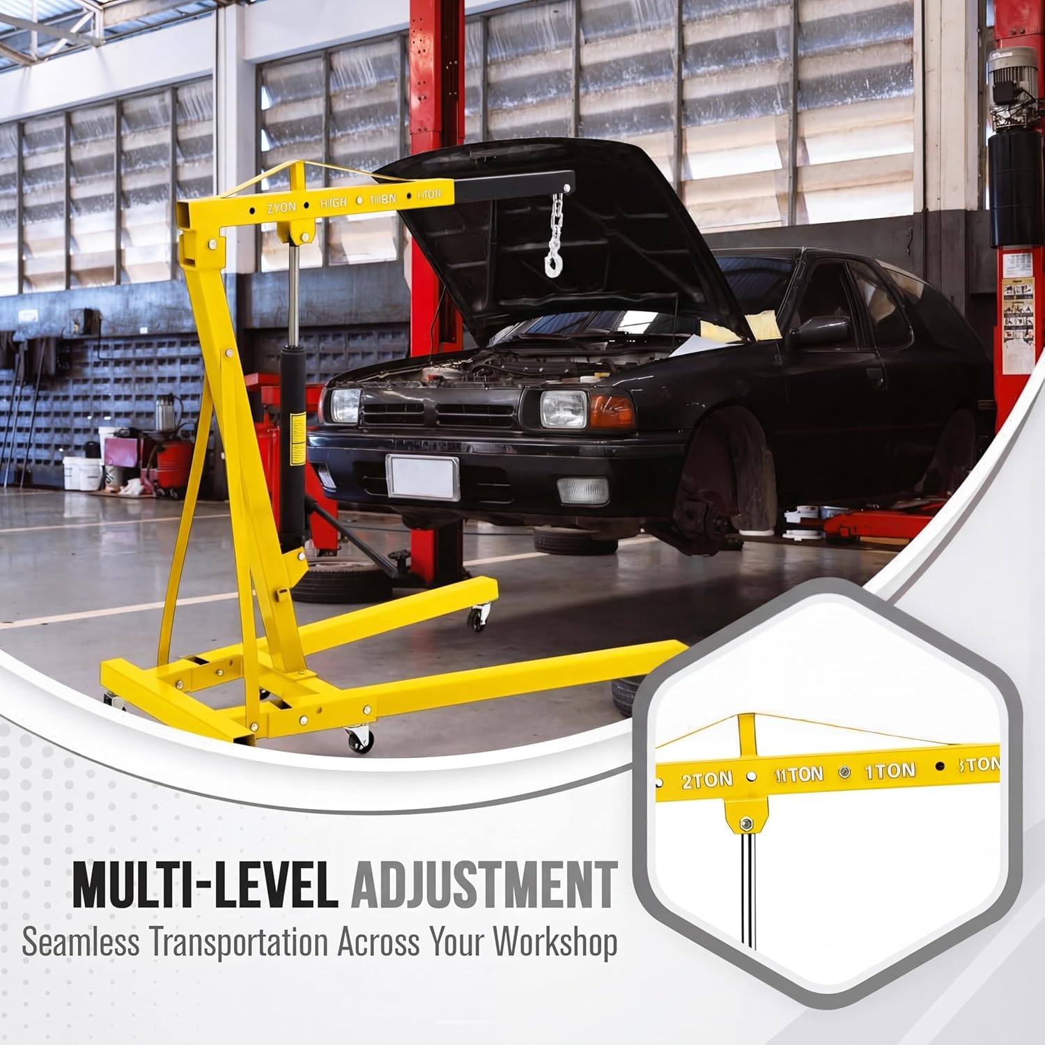 2 Ton Engine Hoist with Lever Stabilizer, Foldable Cherry Picker - Heavy Duty Hydraulic Engine Lift, Automotive Garage Engine Crane