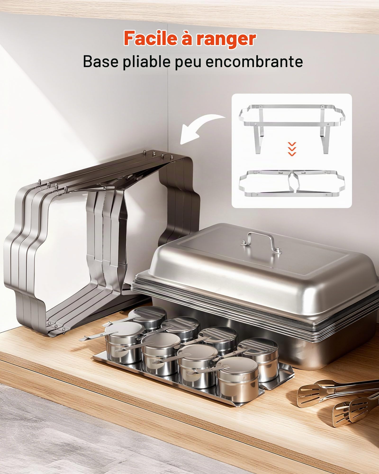 VEVOR Chauffe-Plat Rectangulaire 4PCs 8,6 L, Buffet Chauffant à Combustible en INOX, avec Couvercle, Poignée Creuse, 2 Pinces à Aliments et Porte-Combustible, Réchaud pour Banquet Fête Mariage