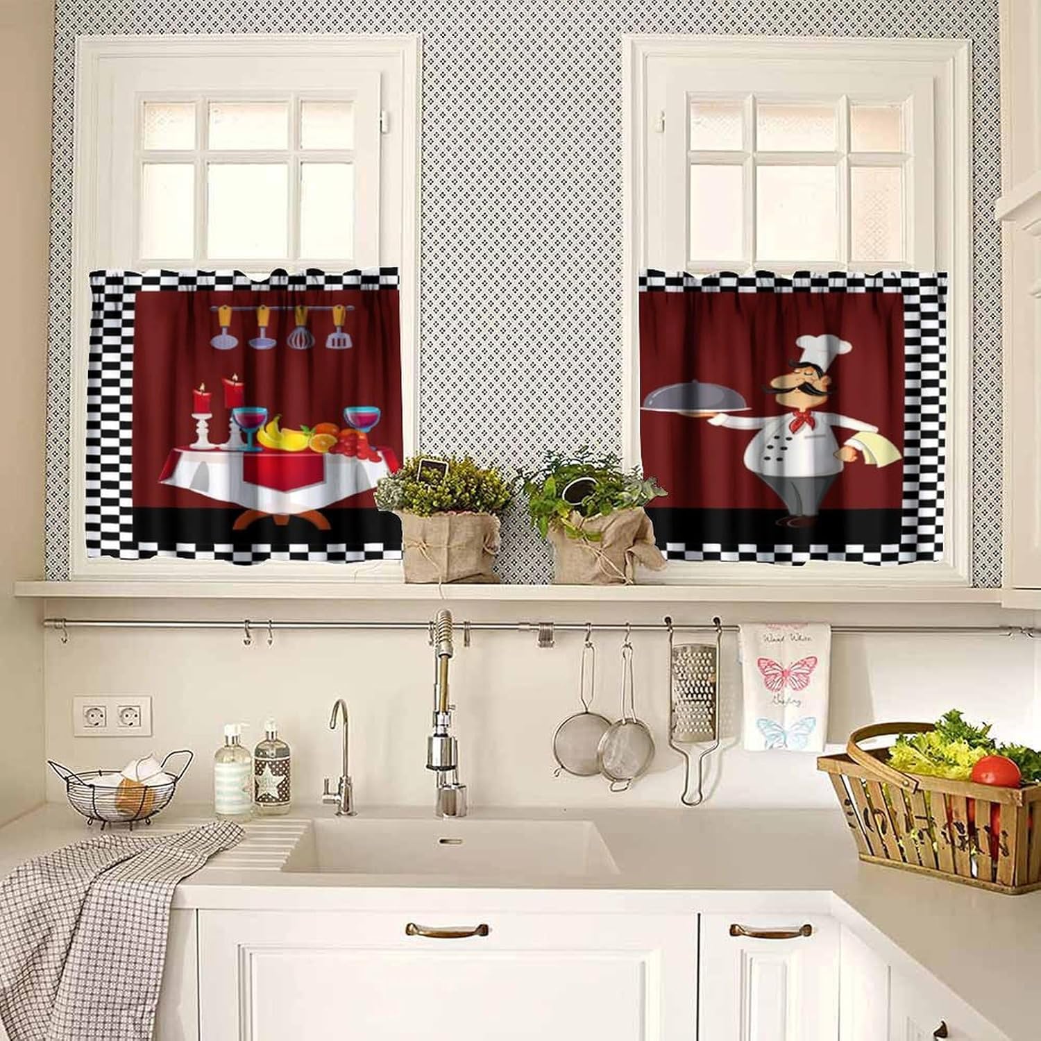 Chef Window Curtain Valances,Fat Chef Cook Theme Vintage Black And White Buffalo Check Printed Small Window Treatments For Kitchen Living Room Decor Rod Pocket Valances 54x18 & 27x24x2, 3 Panel