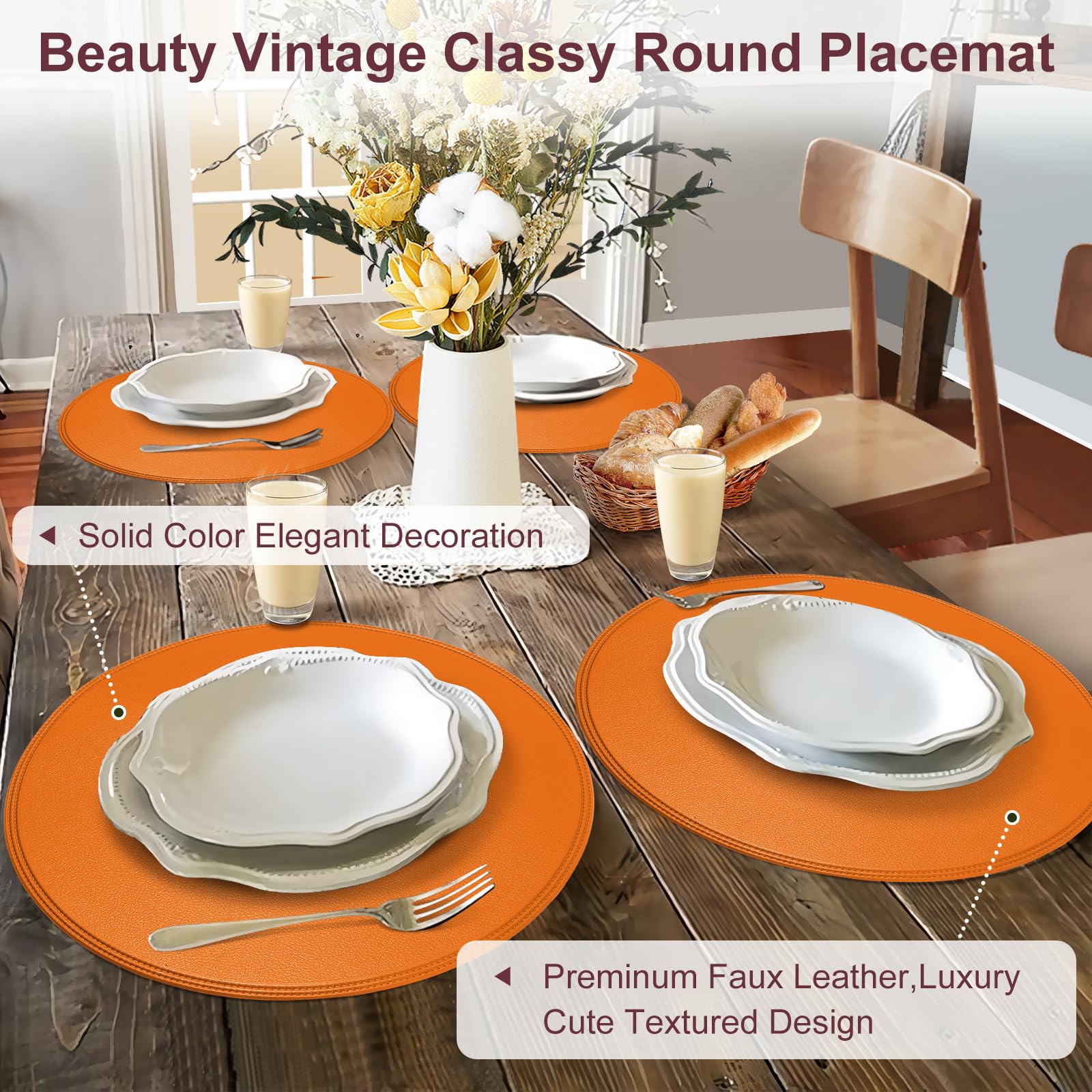 Rinpon PU Faux Leather Thick Wipeable Waterproof Round Placemats Set of 6, Vintage Cute Circle Place Mats Non-Slip Mats - Image 2