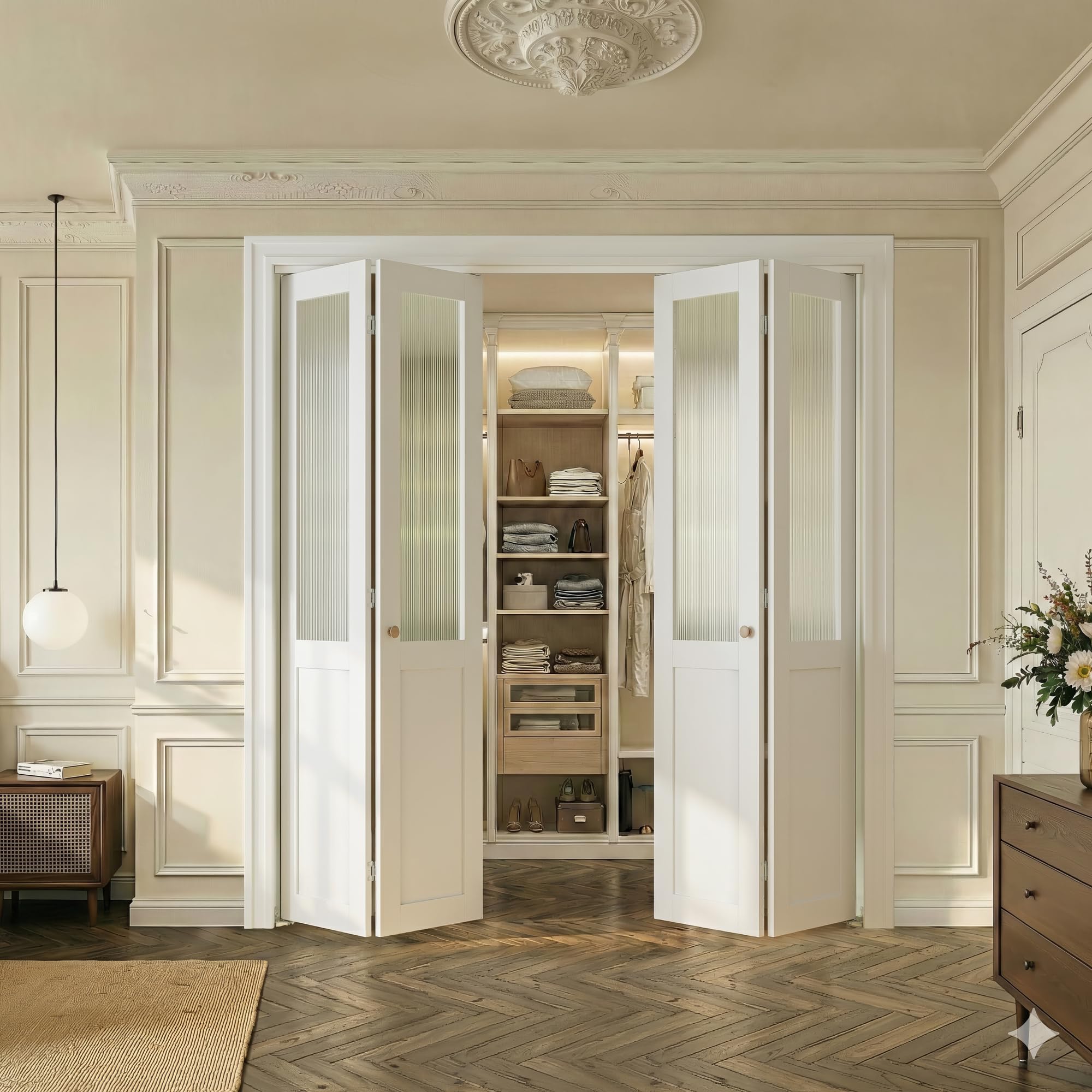 Frosted Reeded Glass and Solid Manufactured Wood Pre-drilled Bi-Fold Door With Installation Hardware Kit