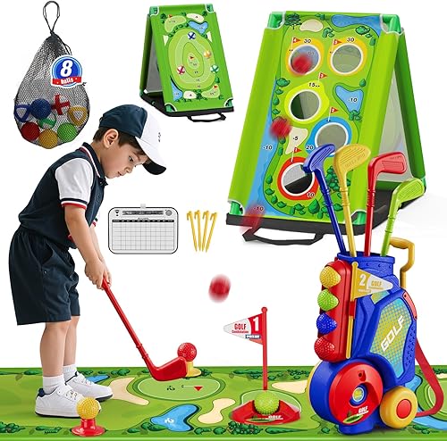 Juego de golf 3 en 1 para niños pequeños con tapete de putting y juego de golf, club de golf para niños con 8 bolas, 4 palos de plástico, marcador,