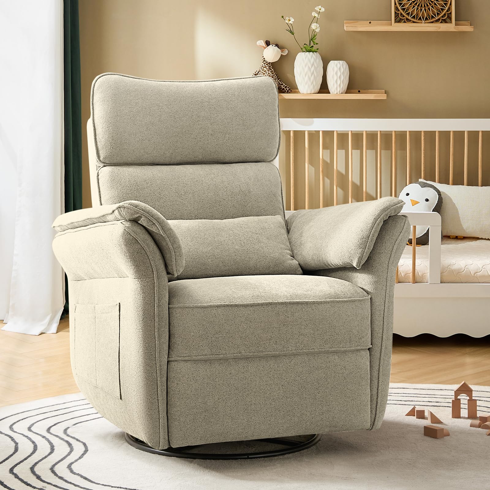 Nursery Rocking Glider Chair with Adjustable Armrests &Headrest, Power Nursery Recliner, Nursing Chair for Breastfeeding, Electric Swivel Rocker Recliner with USB Port&Storage, FSC Certified-Oatmeal
