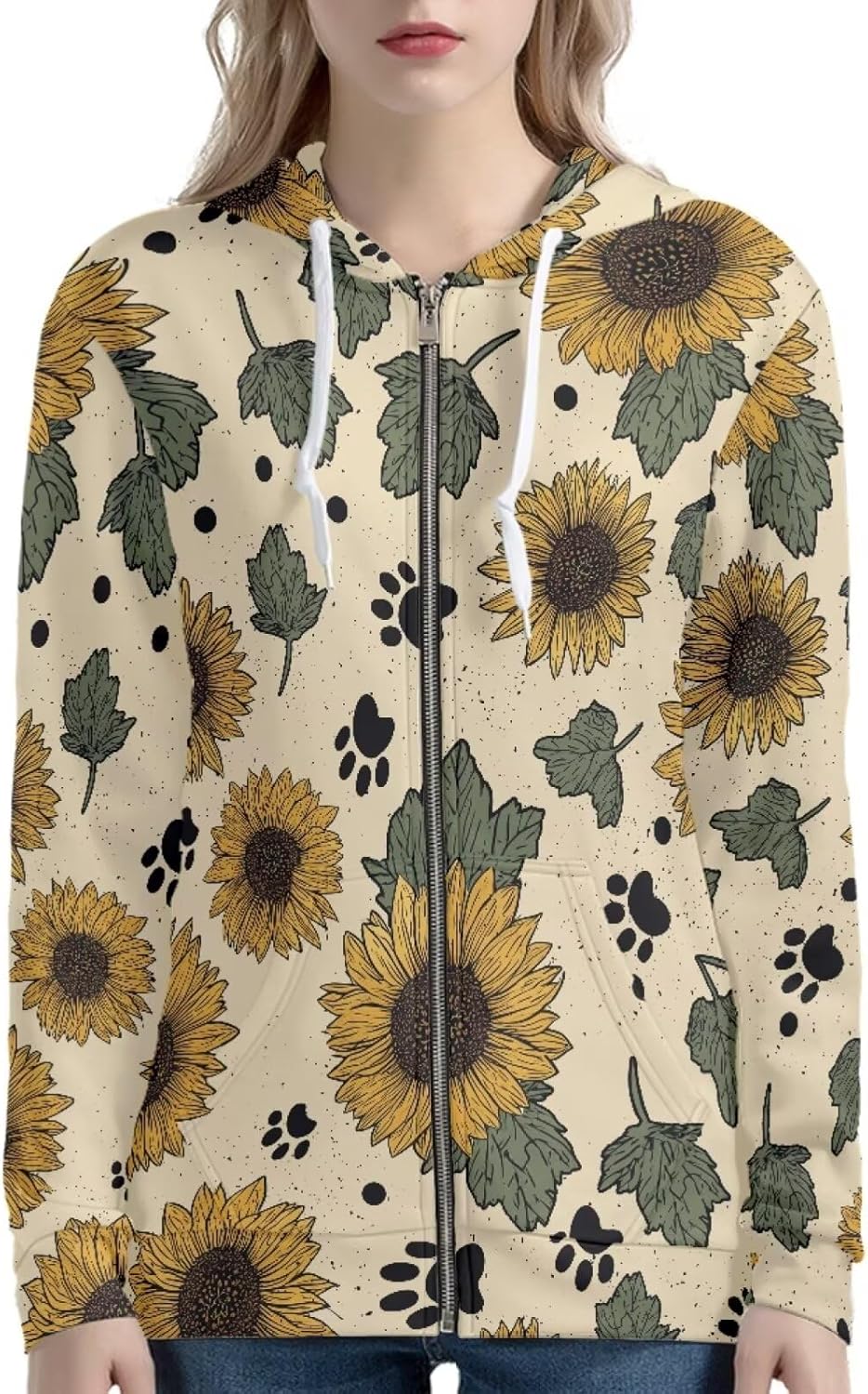 Agoviwo Cute Print Zip up Hoodie Women Lightweight Hoodie Oversized Sweatshirt for Workout