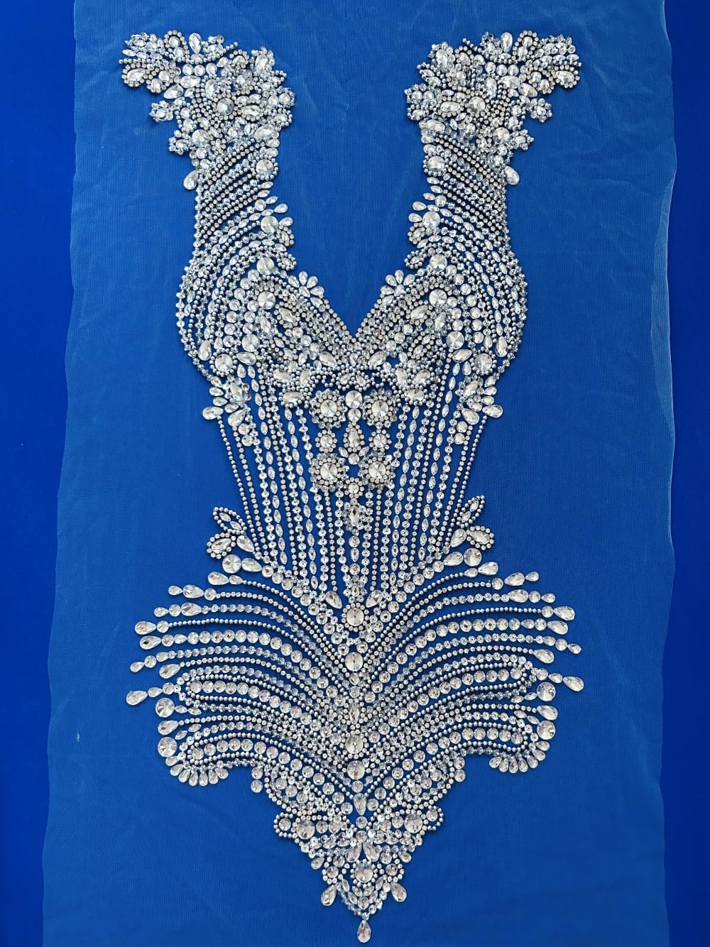 Handmade Rhinestones Appliques Silver White Sew on Beads Trim Bodice Patches for Evening Bridal Dance DressClothing Accessories
