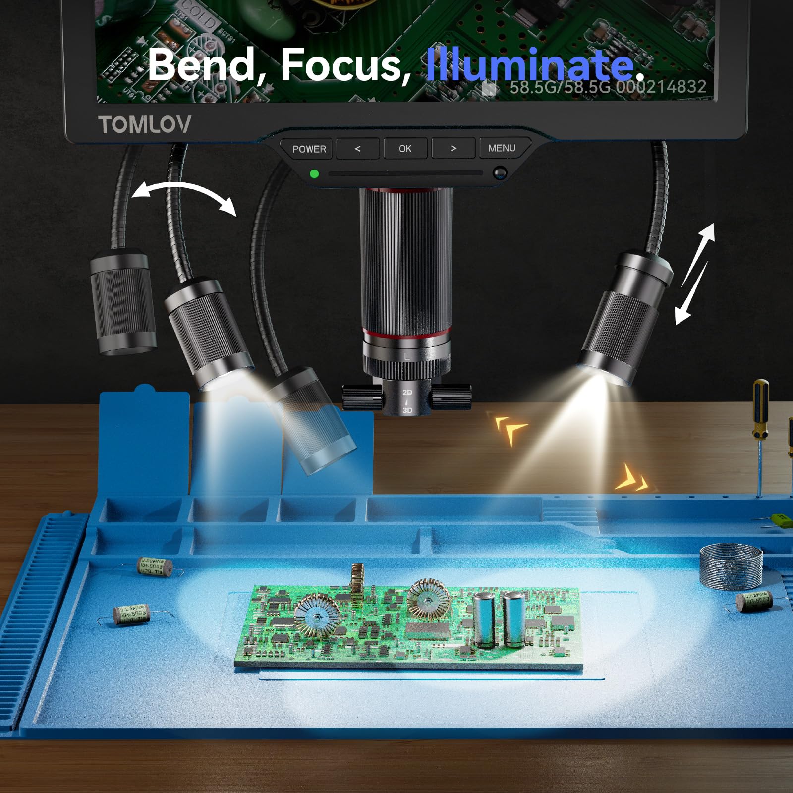 TOMLOV 3D Digital Microscope for Soldering: Magnetic Dual Lens Micro Scope TM3K-3D for Adult, Coin Microscope with Flex Arm, 3K 7-Inch IPS Screen, HDMI/USB Output, Gooseneck Light, Repair Mat, 64GB — view 8
