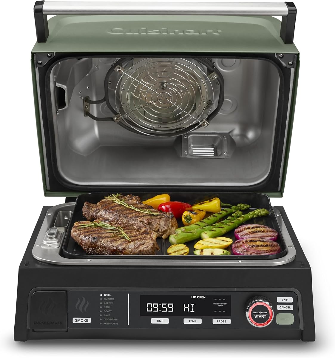 Parrilla eléctrica para exteriores, freidora/parrilla/ahumador de aire 8 en 1, 154 pulgadas cuadradas | Parrilla eléctrica para exteriores Cuisinart FlavorBoost 8 en 1, parrilla eléctrica pequeña de 1800 W con freidora y cajón de pellets de madera, CEG-1302