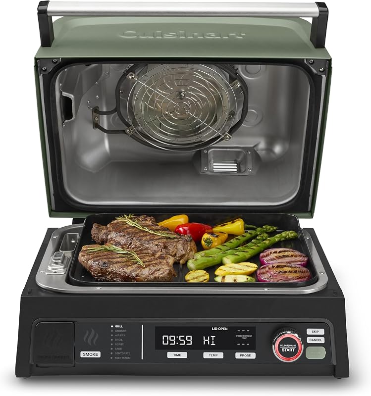Parrilla eléctrica para exteriores, freidora/parrilla/ahumador de aire 8 en 1, 154 pulgadas cuadradas | Parrilla eléctrica para exteriores Cuisinart FlavorBoost 8 en 1, parrilla eléctrica pequeña de 1800 W con freidora y cajón de pellets de madera, CEG-1302