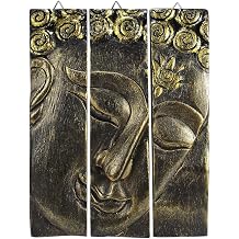 AeraVida 8x10 Golden Buddha Face Three-Panel Hand Carved Wall Art | Decorative Rain Tree Wood Home Accent with Gold-Tone Finish | Artisan Spiritual Wall Hanging for Meditation Space or Tranquil Decor