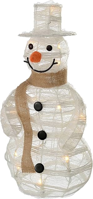 WeRChristmas Pre-Lit Paper String and Gauze Snowman with 10 Warm LED Lights, 40 cm - White