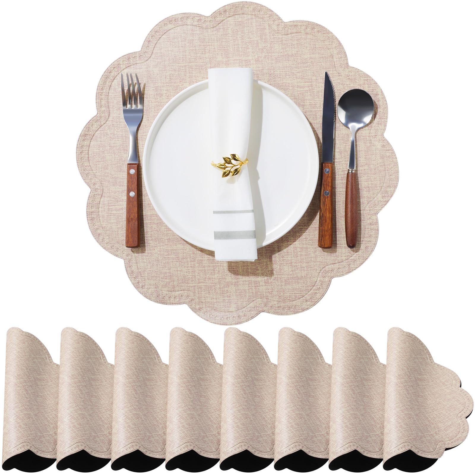 12 tovagliette rotonde a forma di fiore, impermeabili, in pelle PU, lavabili, antiscivolo, per cucina, tavolo da pranzo, decorazione (beige)