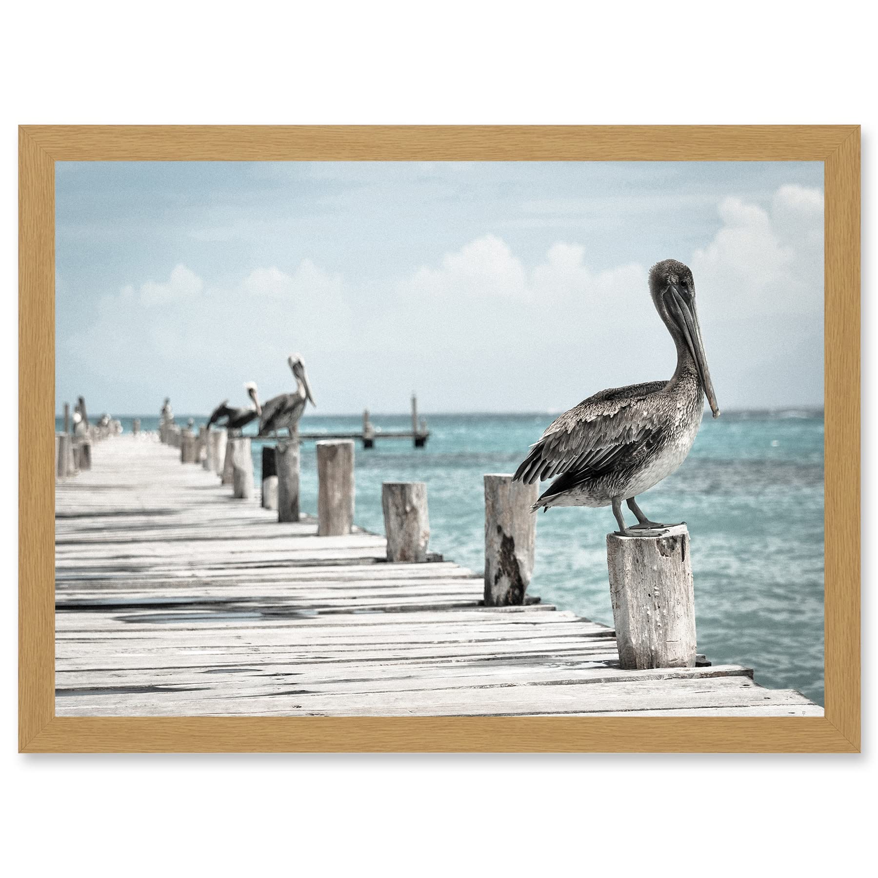 Artery8 Animal Photo Bird Pelicans Ocean Pier Artwork Framed Wall Art Print A4