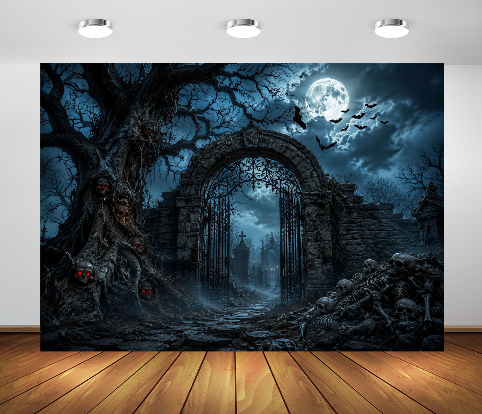 BELECO 4.6x3m Tessuto Sfondo Halloween Cancello Cimitero Spettrale | Albero Con Teschi Cimitero Spaventoso Porta Di Ferro Scheletro Teschio Luna Piena Pipistrello Notte Nebbiosa Telo Di Sfondo