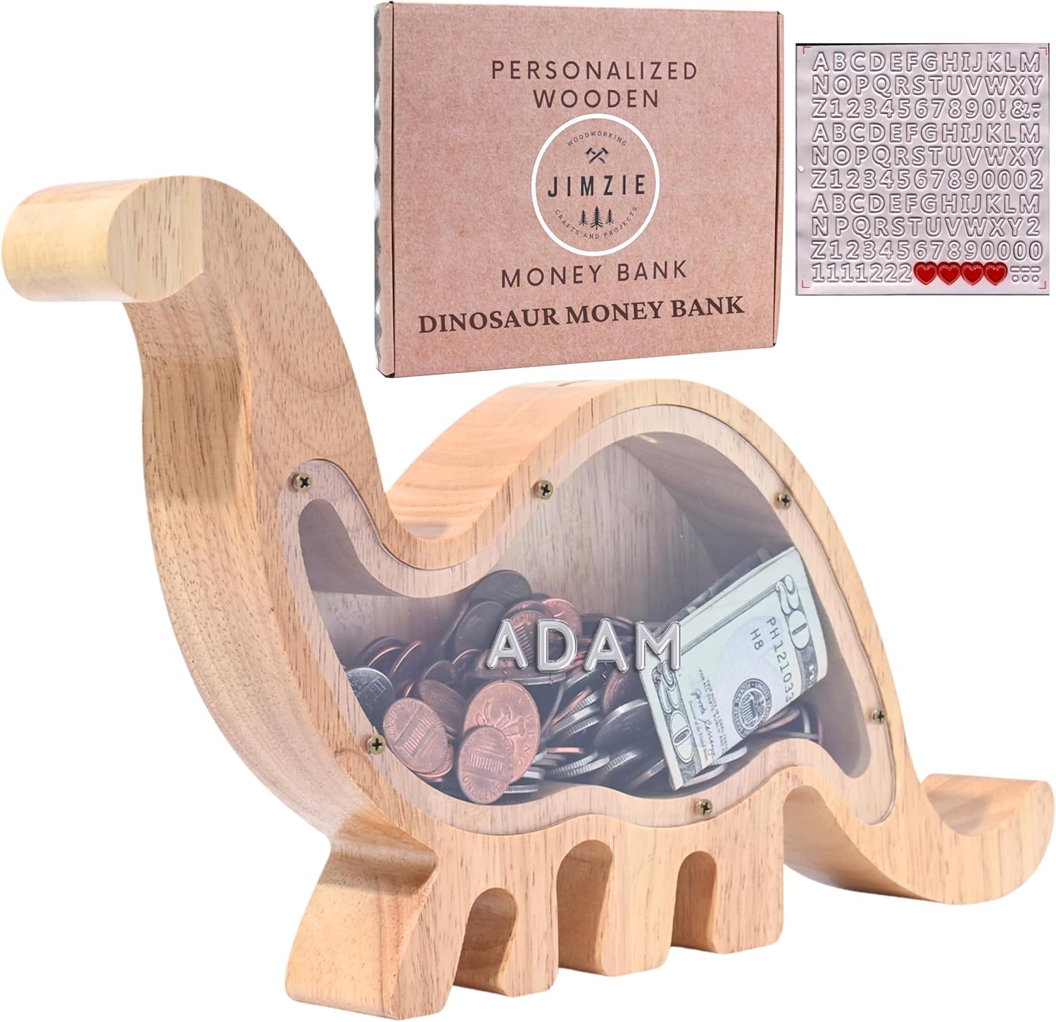 Wooden Dinosaur Piggy Bank for Kids and Adults – Clear Coin Bank with Transparent Window and Letter Stickers – Unbreakable Large Money Bank, 13″ x 8″