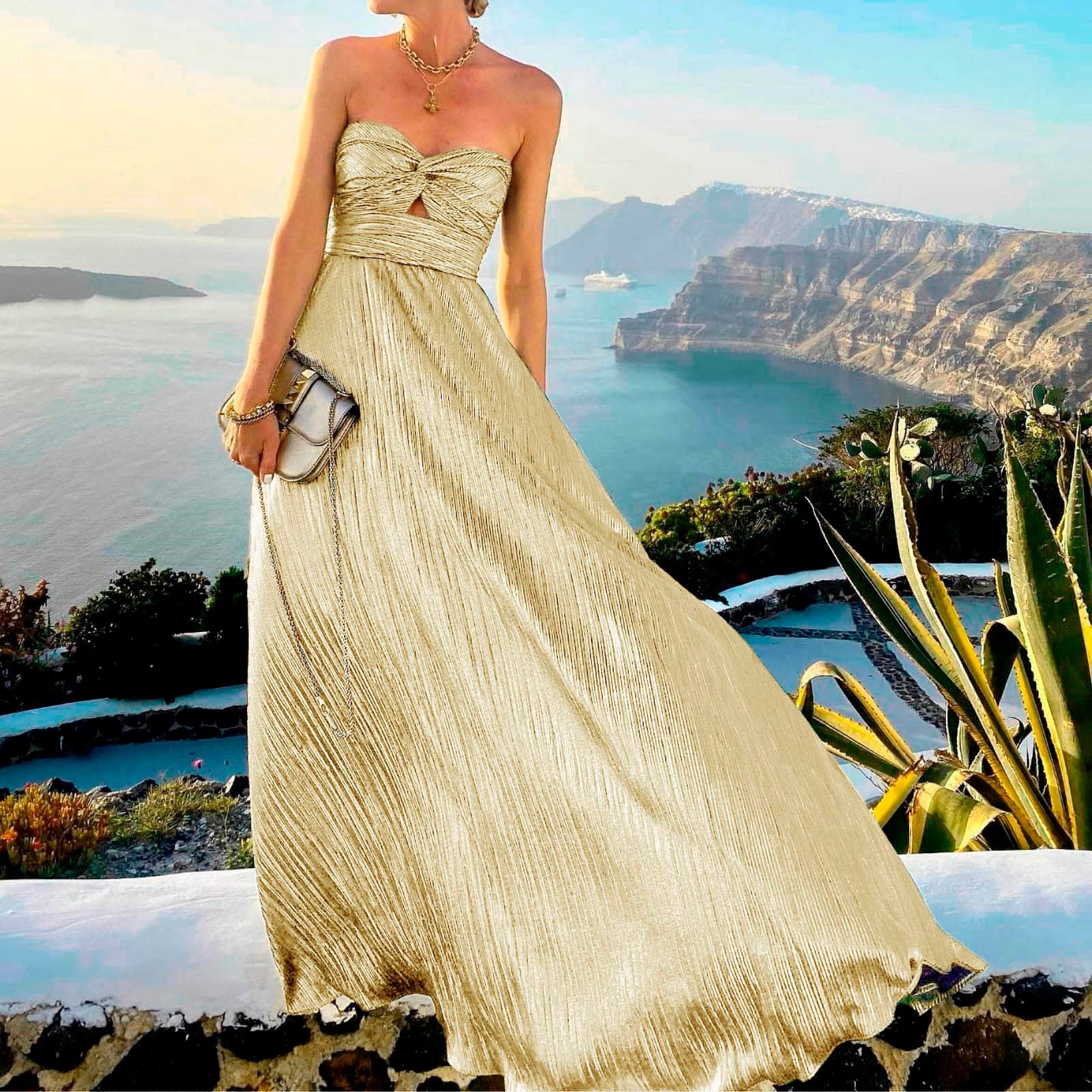 Vestido de mujer con temperamento bronceado en el pecho, vestido de verano, hombros descubiertos, vestido maxi elegante, plisado