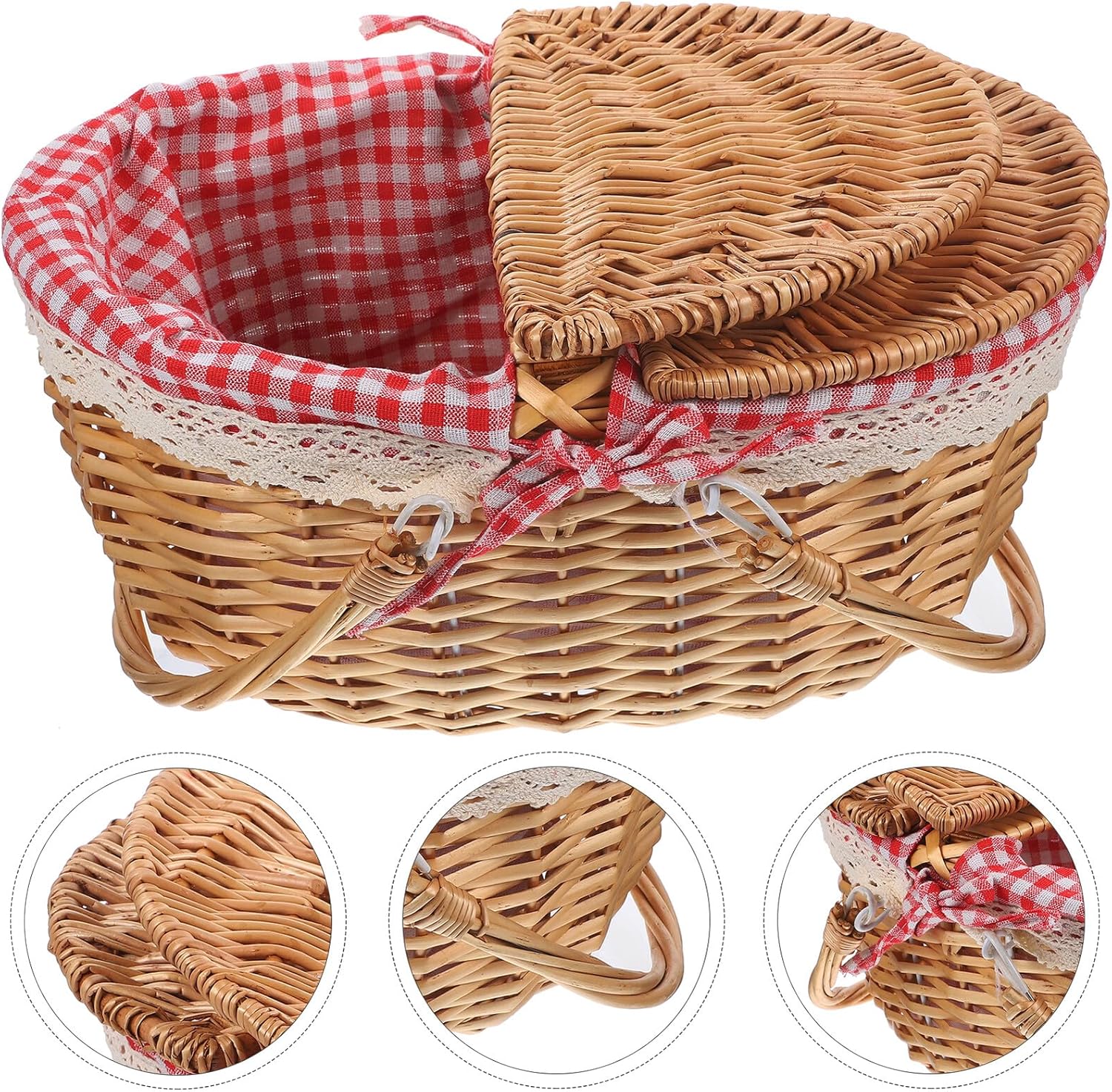 Roleader Wicker Picnic Basket with Lid and Handle Classic Plaid Woven Basket 35x25x17cm for Outdoor Camping and Home Decor