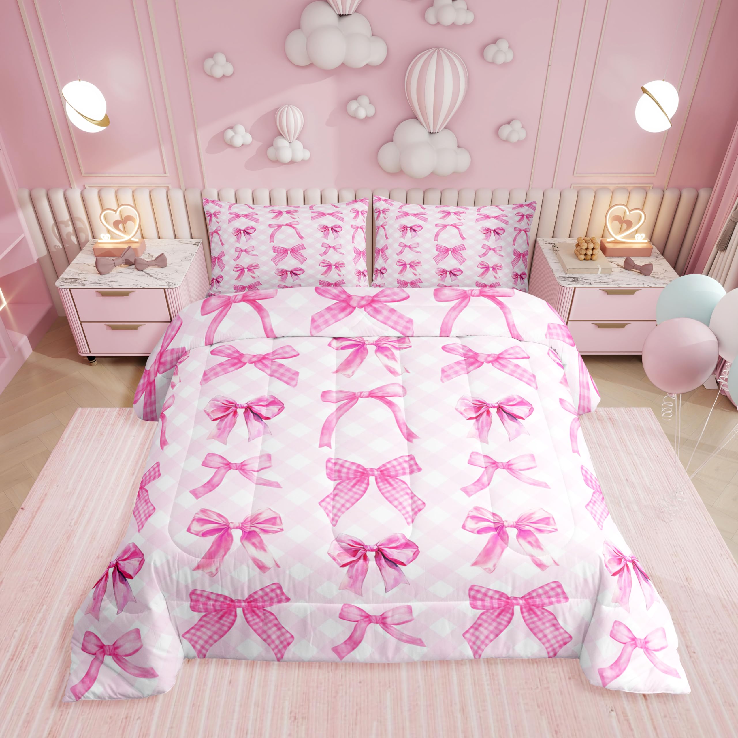 Erosebridal Cute Pink Bow Full Comforter Set for Girls Teen Kids,Princess Pink Bows Bedding Set Room Decor,Dreamy Bow Knot Quilt Set Pink Checkered Grid Bedding Comforter Sets,2 Pillowcases