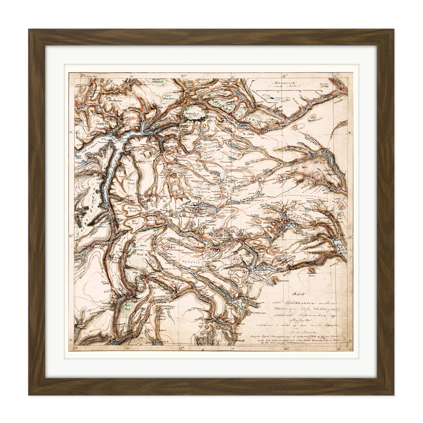 Map Antique 1843 Munch Hardanger Voss Norway Replica Square Wooden Framed Wall Art Print Picture 16X16 Inch