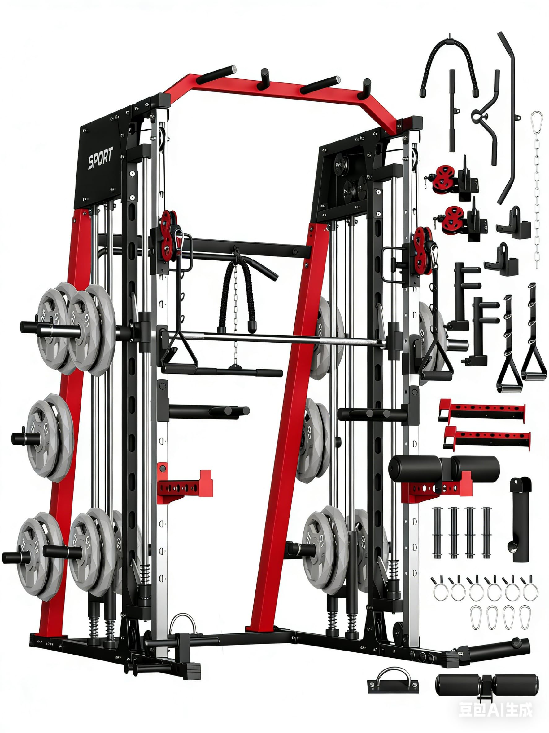Photo 1 of ***FACTORY SEALED - OPENED FOR INSPECTION***GarveeLife Smith Machine Home Gym All in One, 2200 LBS Squat Rack Power Cage with Smith Bar, LAT Pull-Down, Cable Systems, Leg Hold-Down and More Attachments, Workout Equipment (Black)