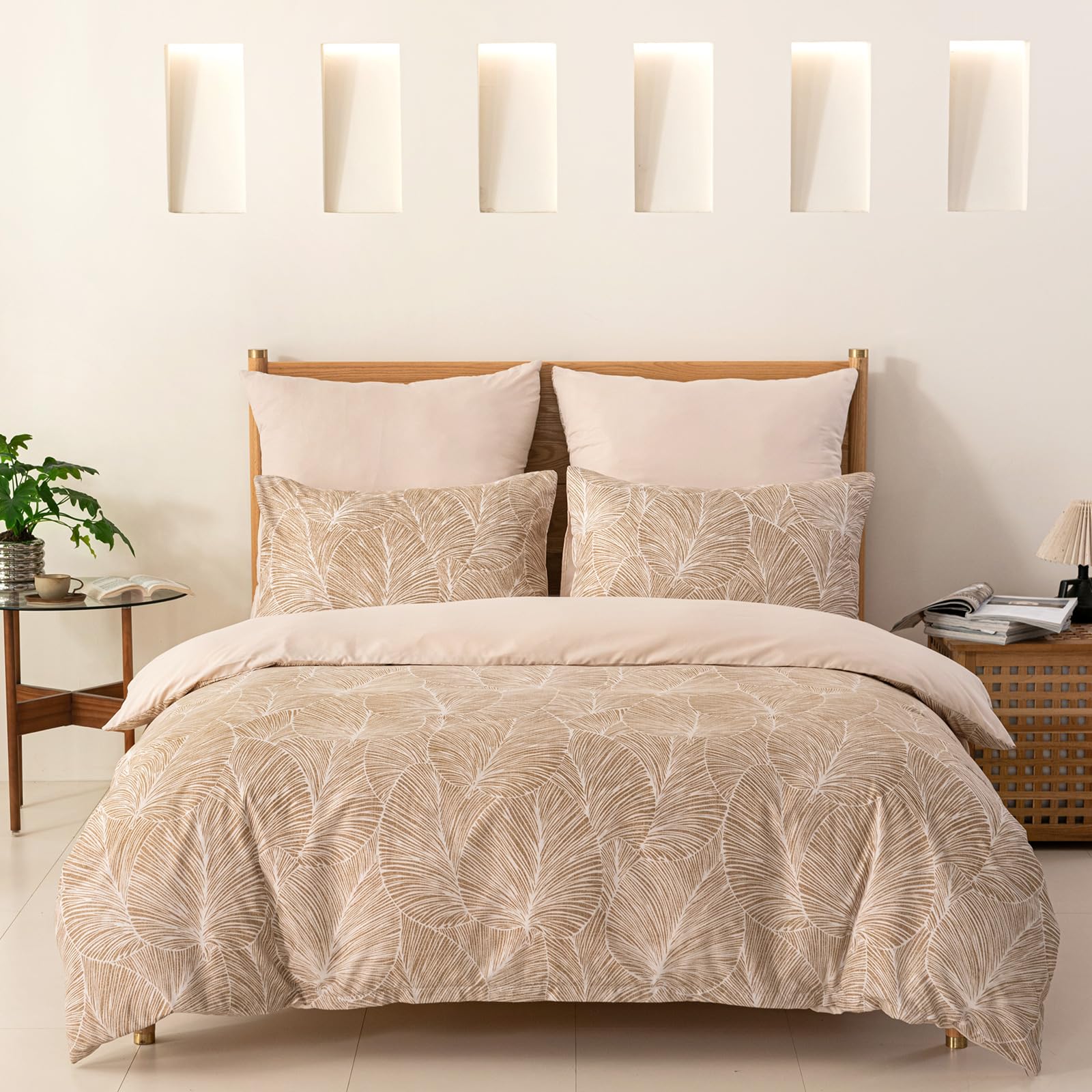 Tokokimo Set Copripiumino Matrimoniale 240x220 cm, Copripiumino Matrimoniale 3 Pezzi in Microfibra Con Motivo a Ramoscelli e Foglie, Comprendente 1 Copripiumino 240x220 + 2 Federe 50x80, Khaki