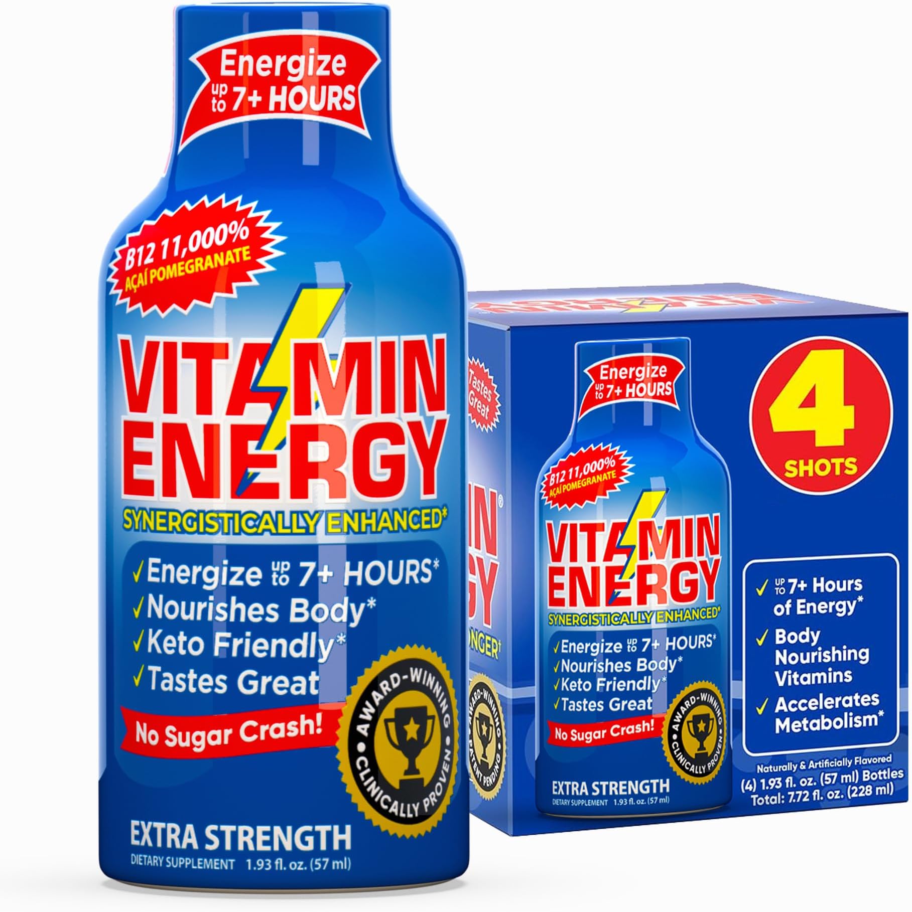 Vitamin Energy B12 11,000% Extra Strength Energy Shot Açaí Pomegranate 4 Pack, 260mg Natural Caffeine, B12 & B6, Nootropic Focus, Vitality, Zero Sugar, Gluten-Free, Vegan, Kosher, 1.93 fl oz