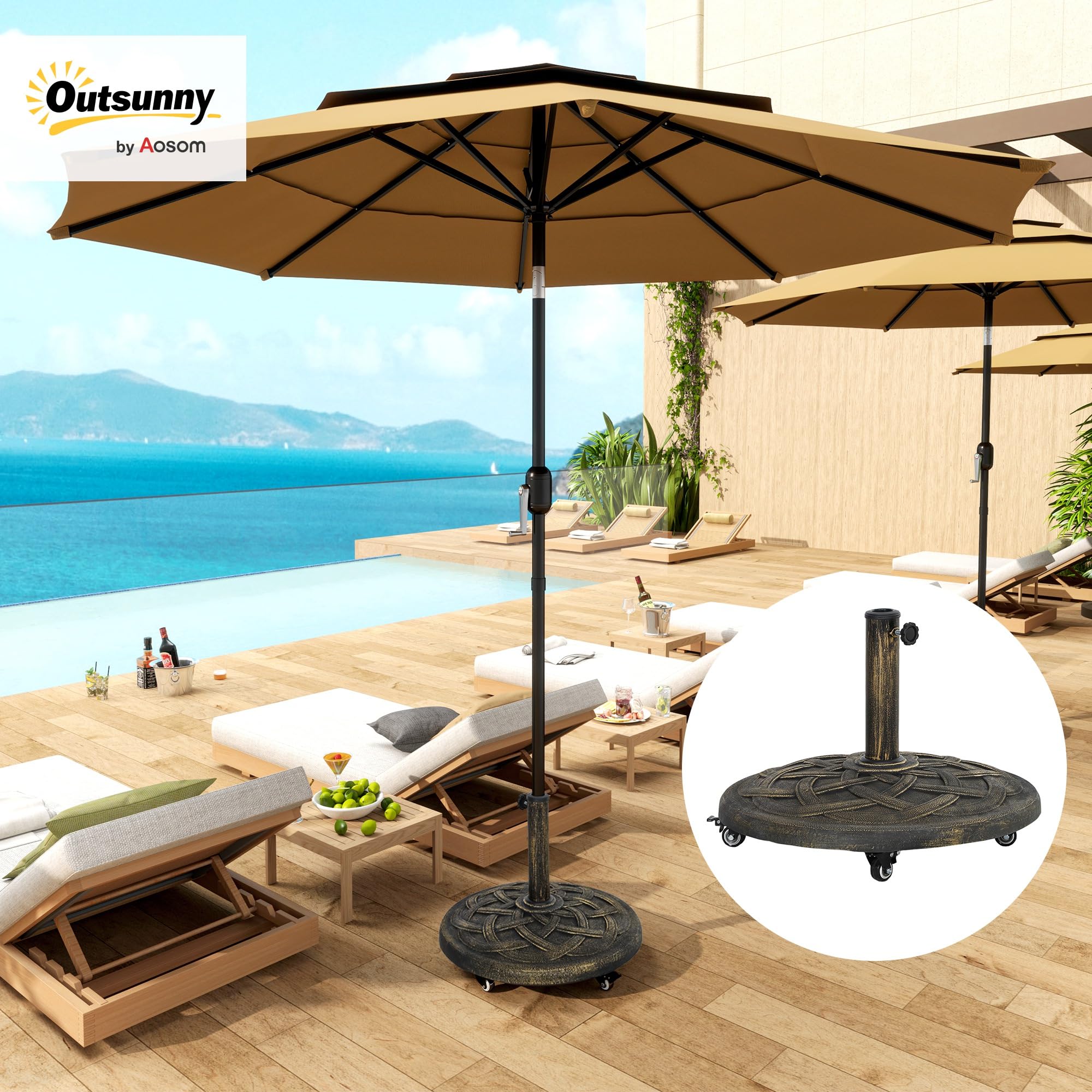 Outsunny Base per Ombrellone Rotonda con Ruote 20 kg 32mm/38mm/48mm Bronzo | Base Ponderata in Resina, Supporto per Ombrelloni, per Esterni, Giardino, Piscina