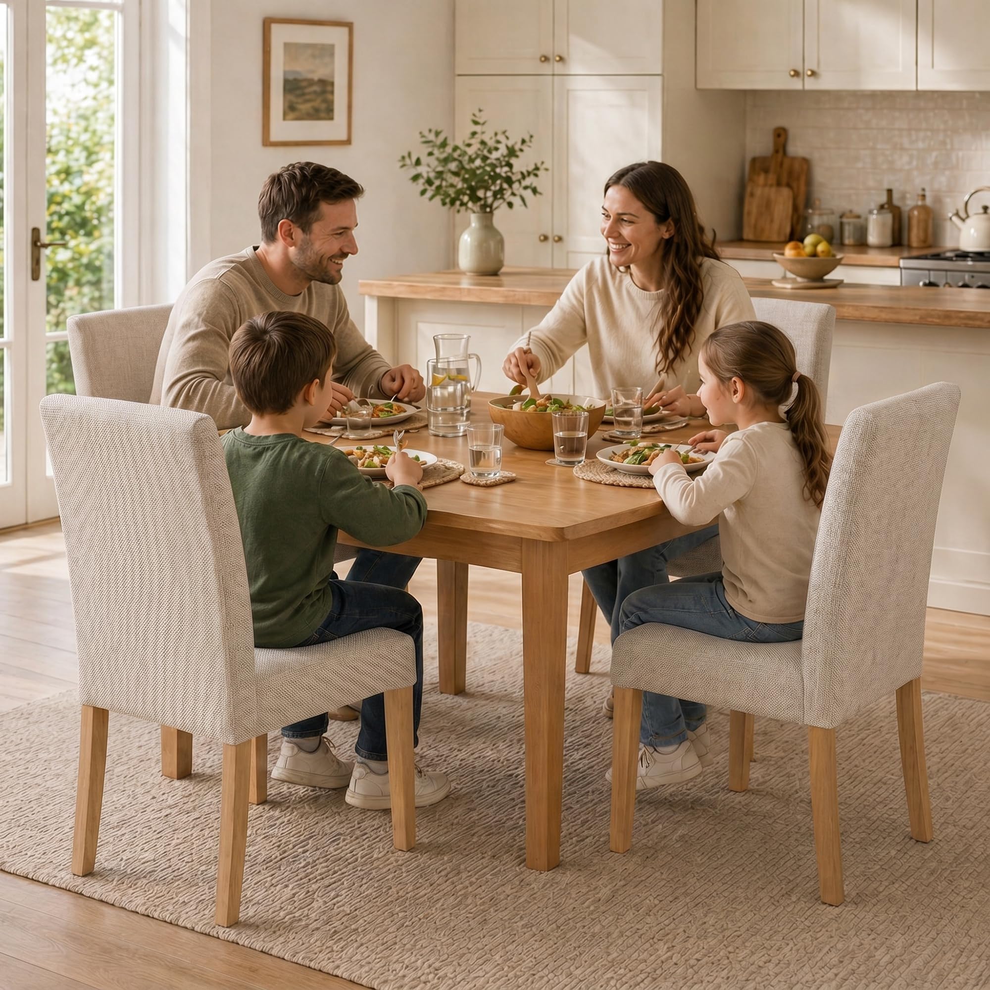 HOMCOM Esszimmerstühle 2er Set Rückenlehne Leinenoptik Essstuhl Cremeweiß | Küchenstuhl, Moderner Polsterstuhl, Kautschukholzbeinen, für Esstisch, Wohnzimmer, Esszimmer